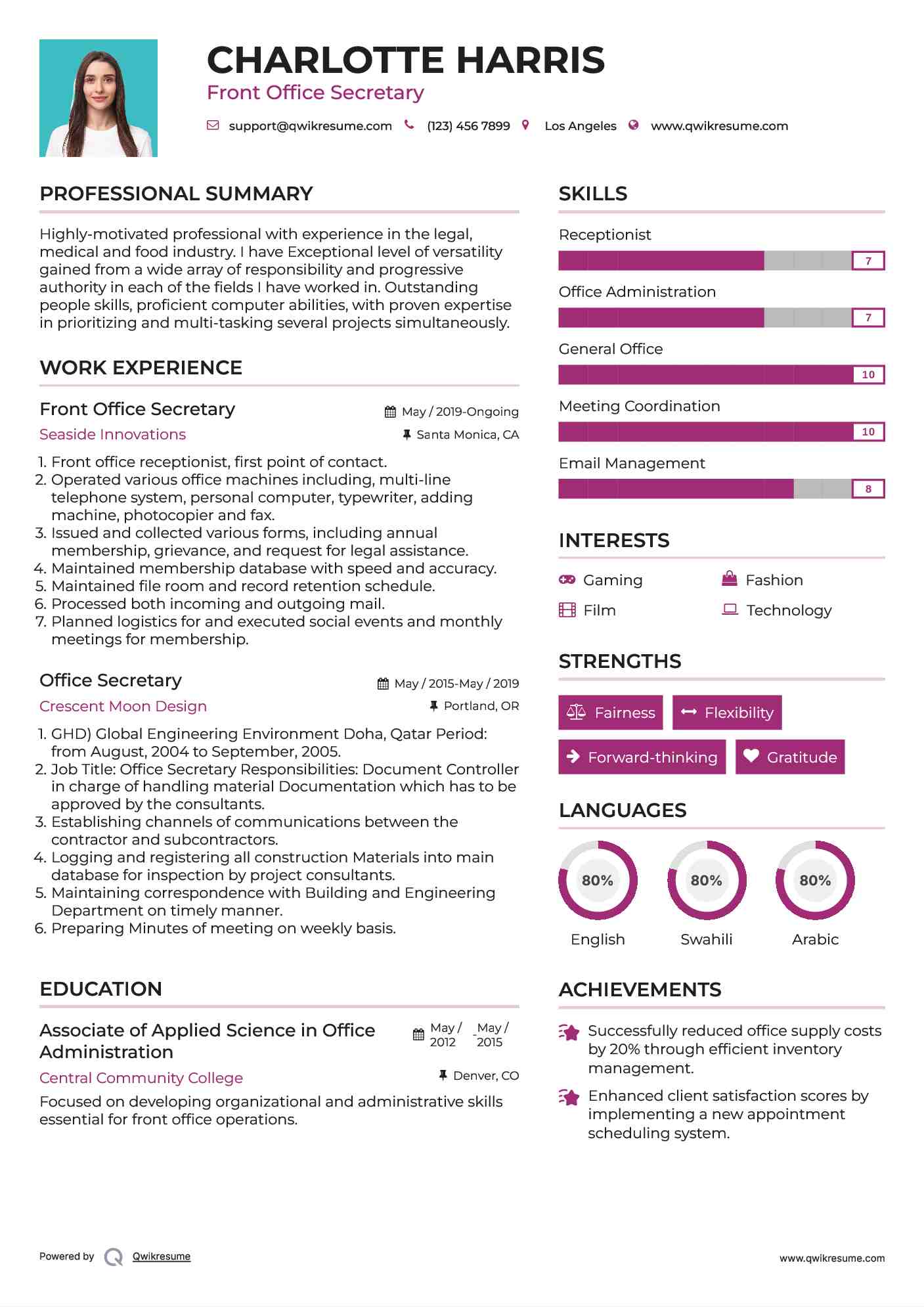Front Office Secretary Resume Sample