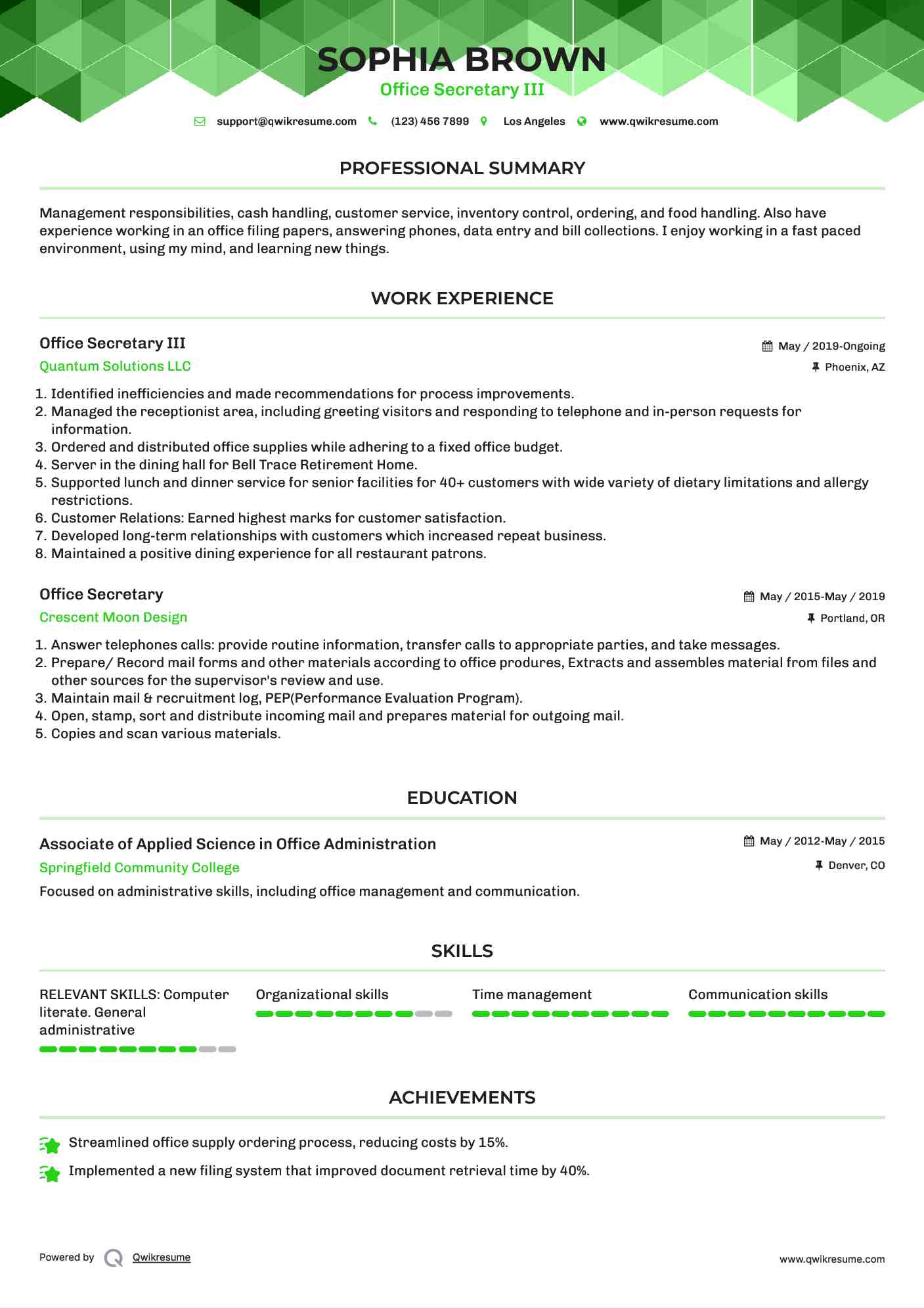 Office Secretary III Resume Template