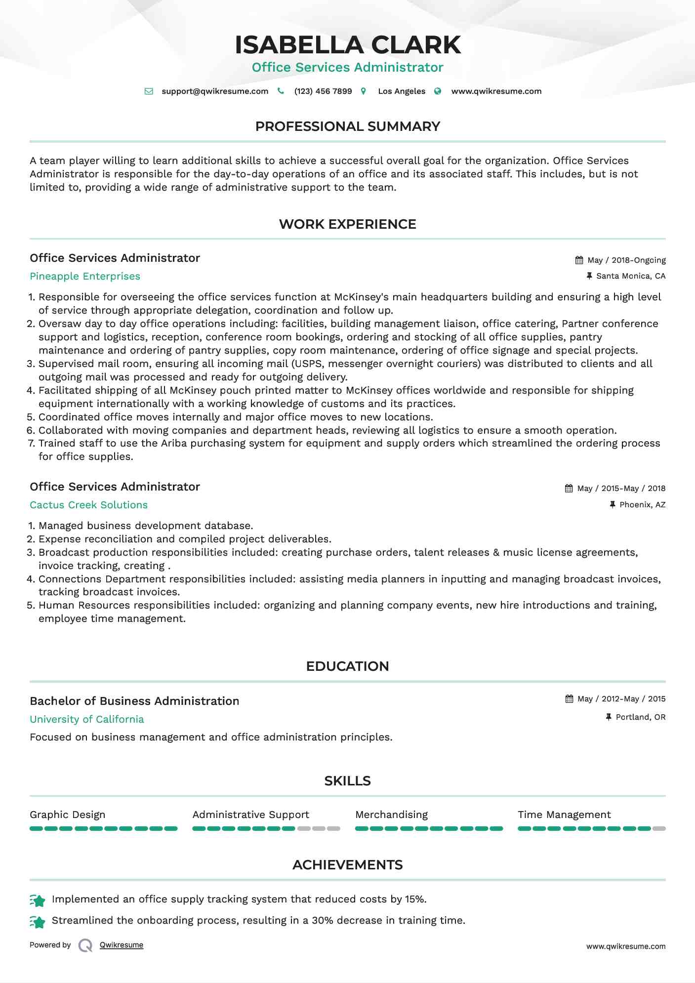 Office Services Administrator Resume Template