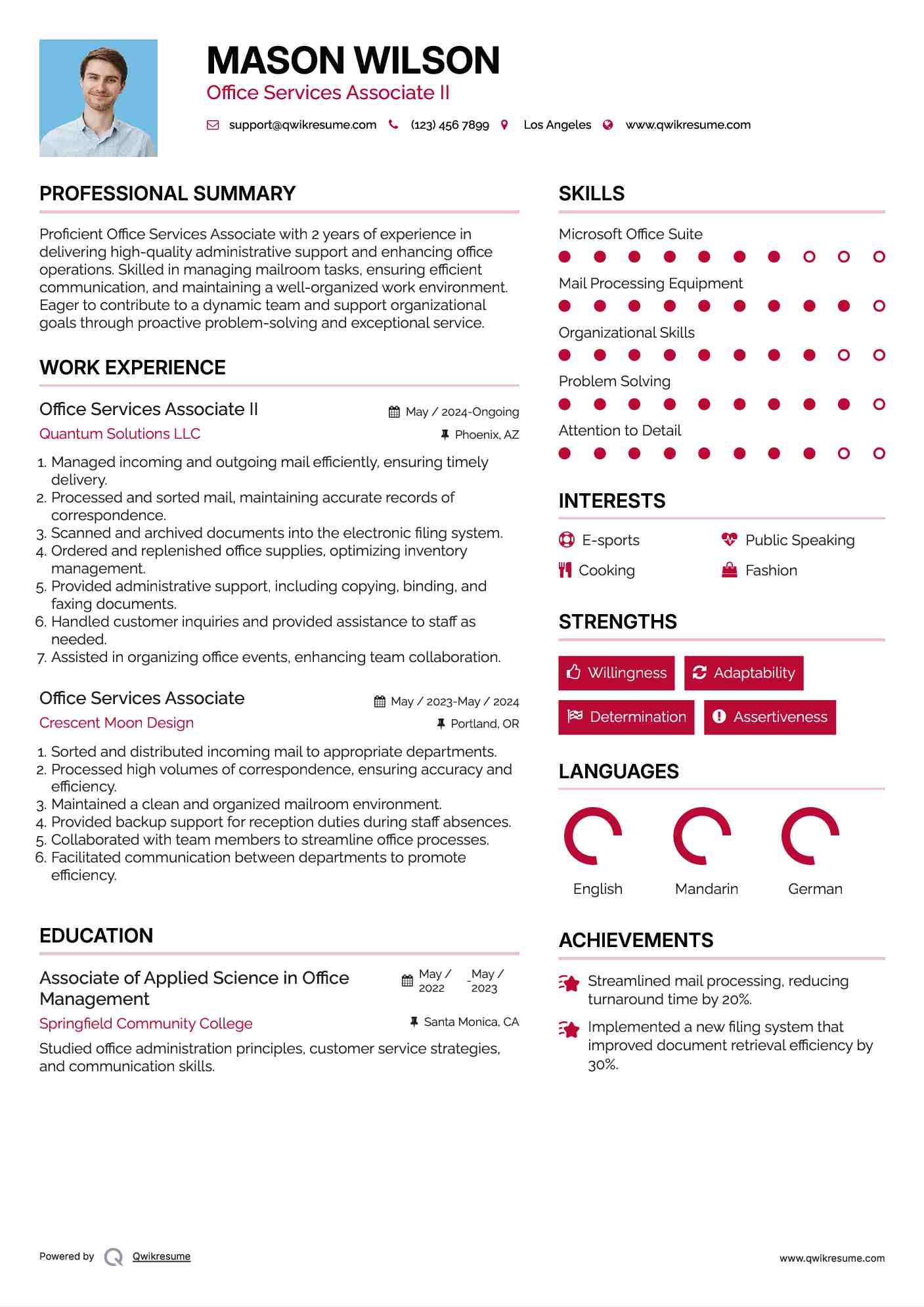 Office Services Associate II Resume Example