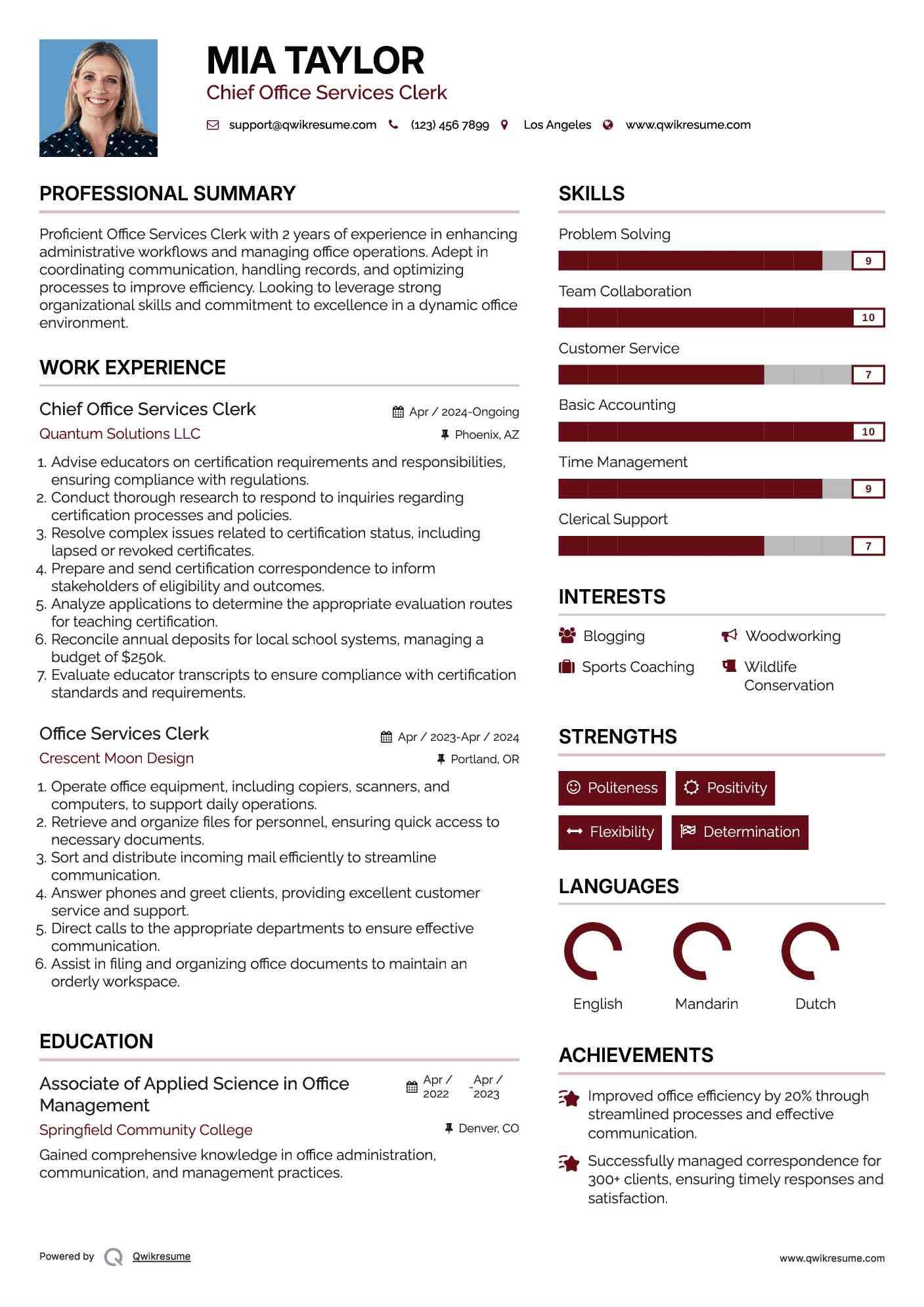 Chief Office Services Clerk Resume Model