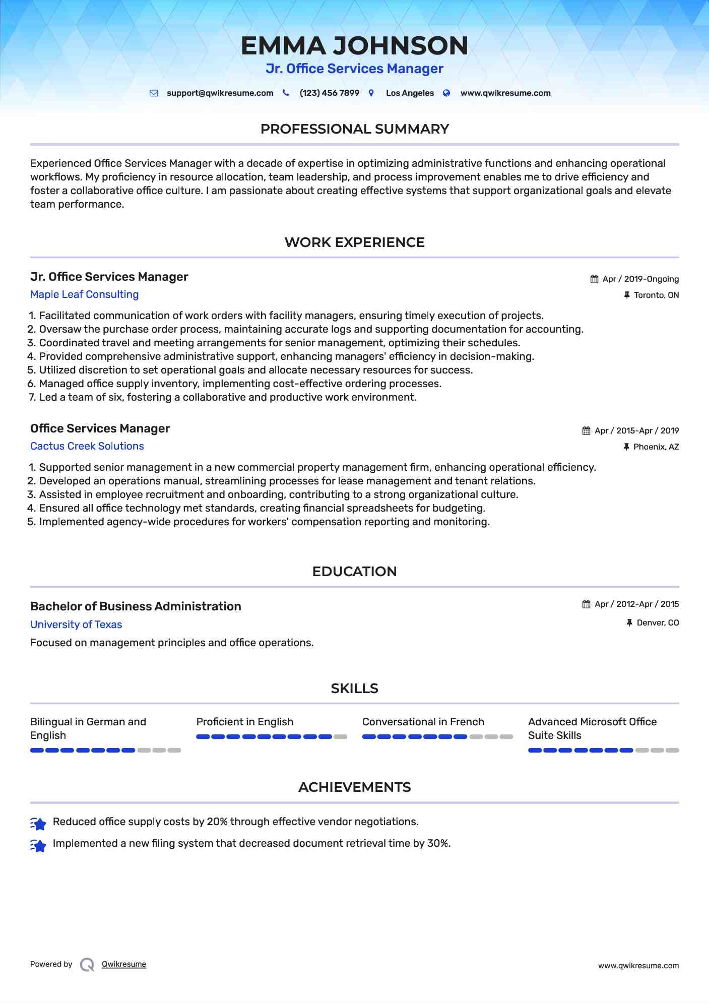 Jr. Office Services Manager Resume Template