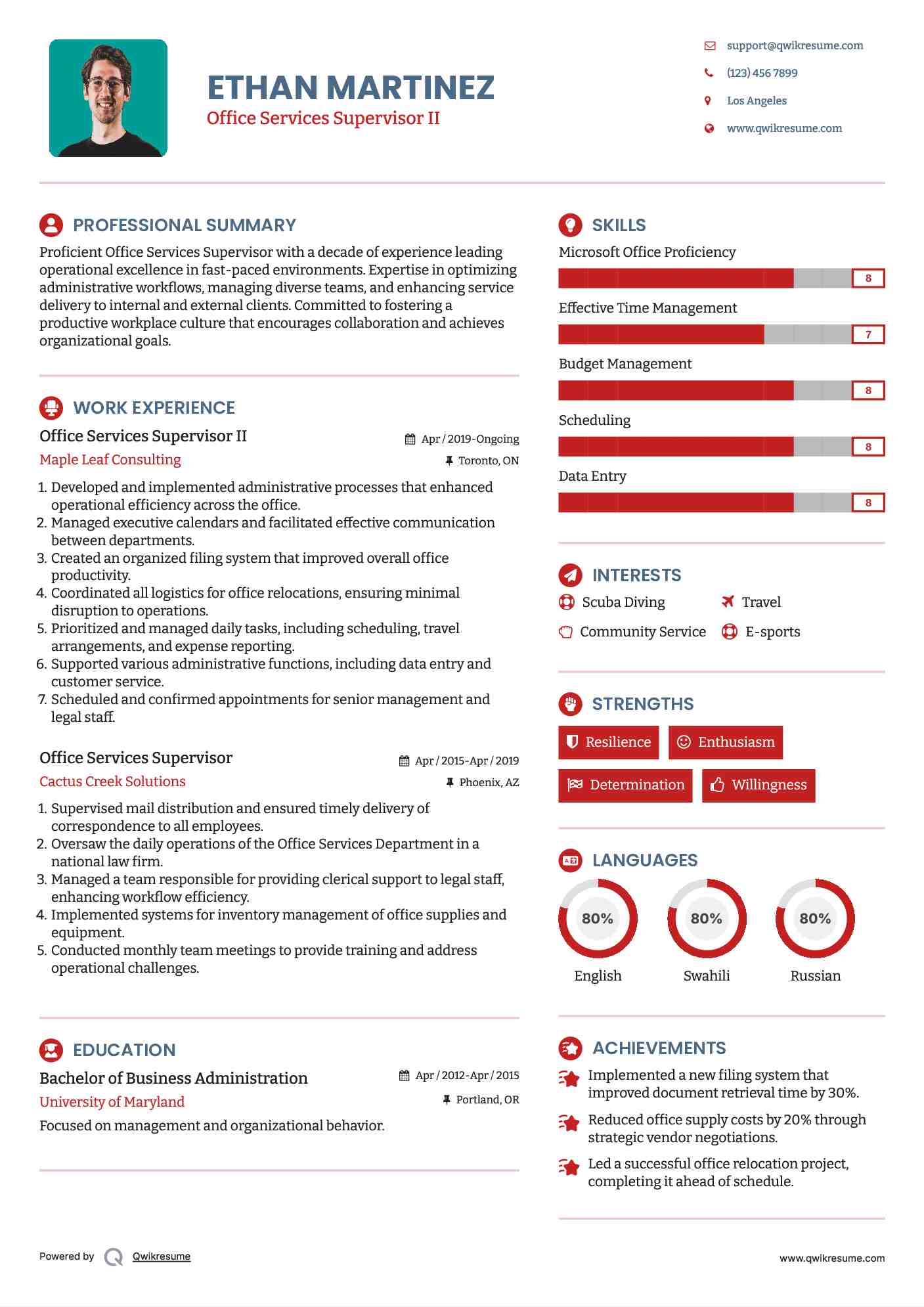 Office Services Supervisor II Resume Example
