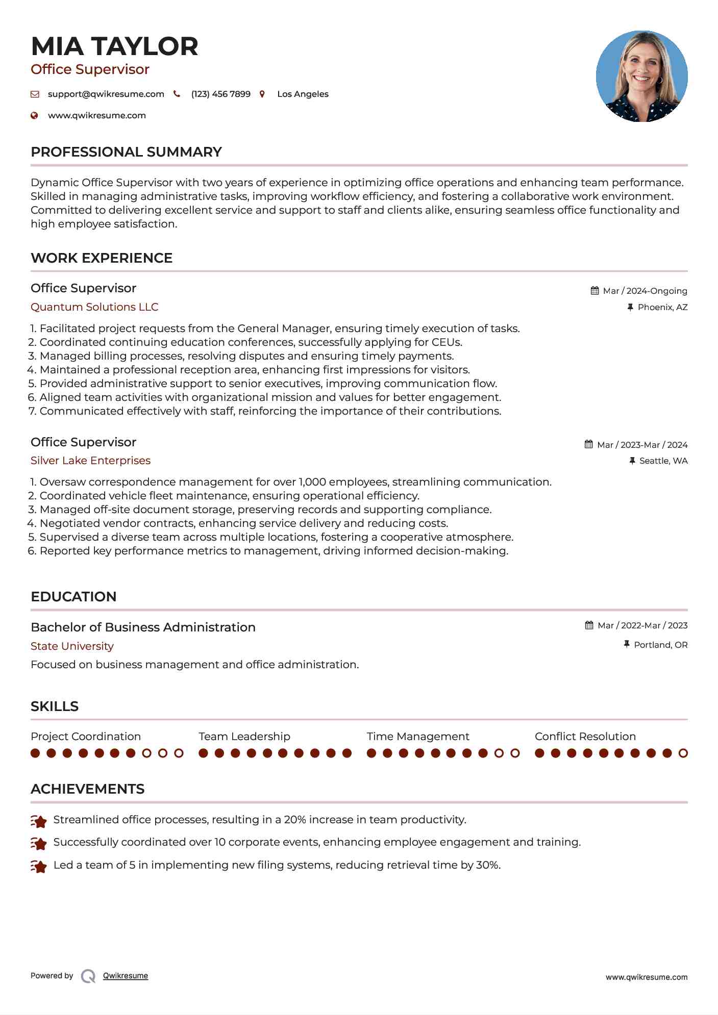 Office Supervisor Resume Example