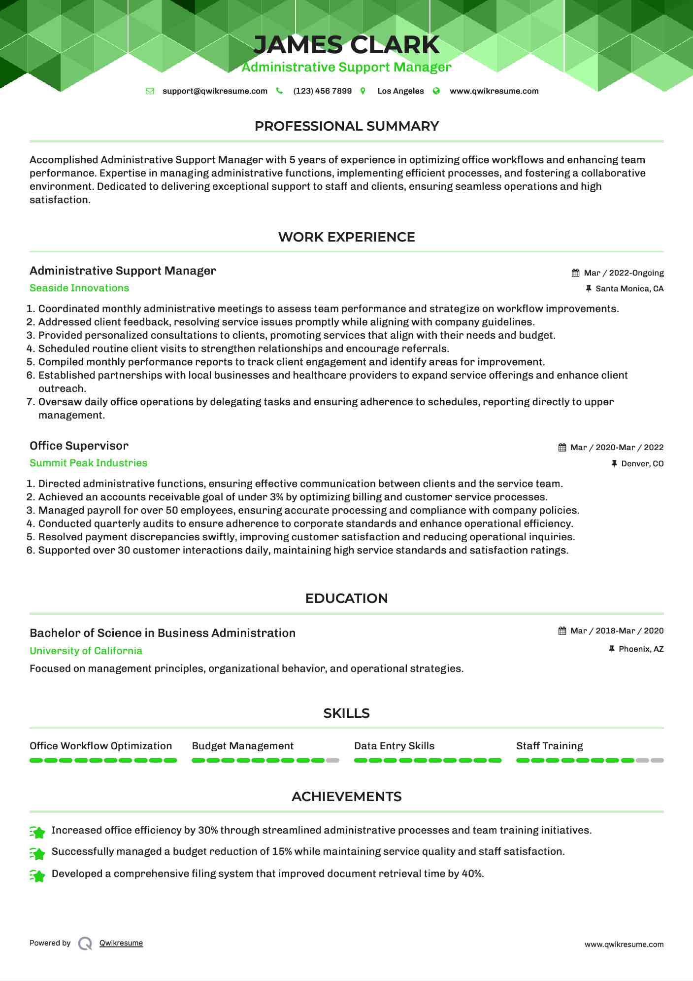 Administrative Support Manager Resume Example