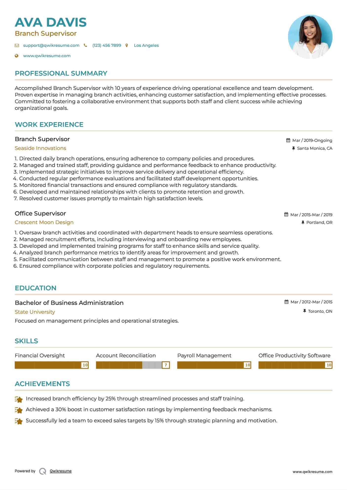 Branch Supervisor Resume Example