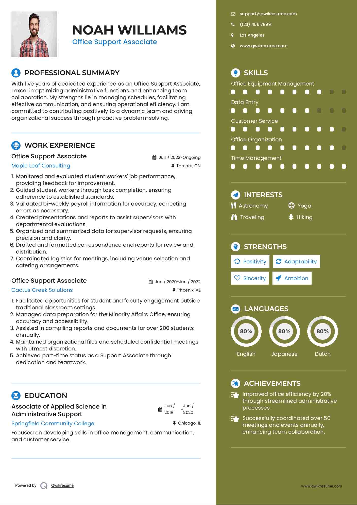 Office Support Associate Resume Example