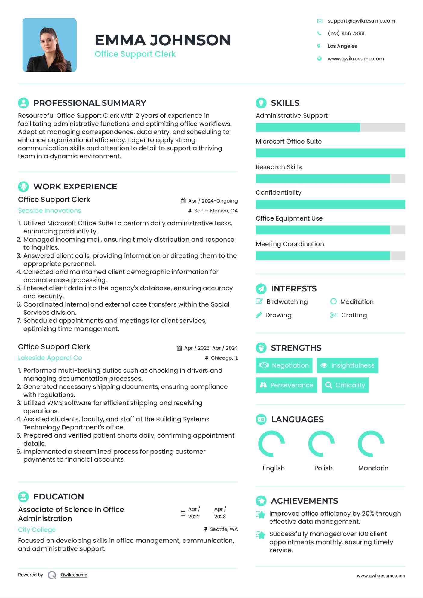 Office Support Clerk Resume Model