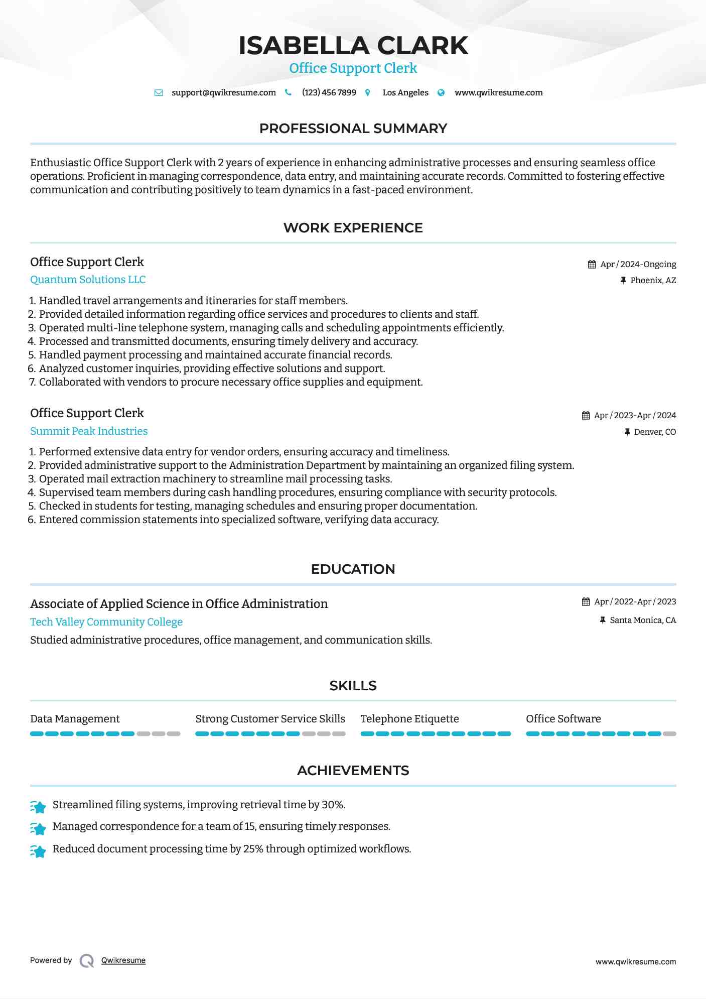 Office Support Clerk Resume Model