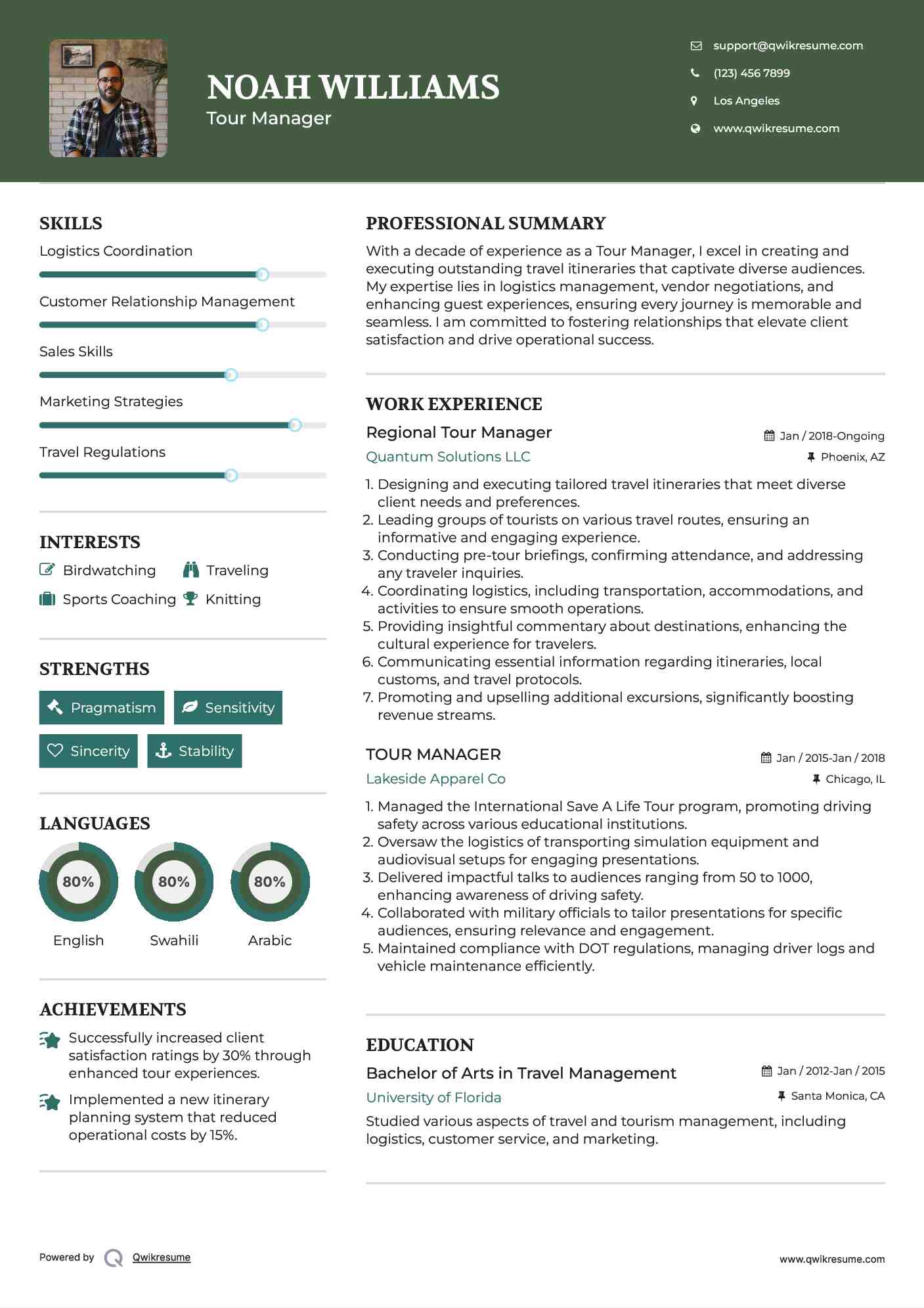Tour Manager Resume Samples QwikResume