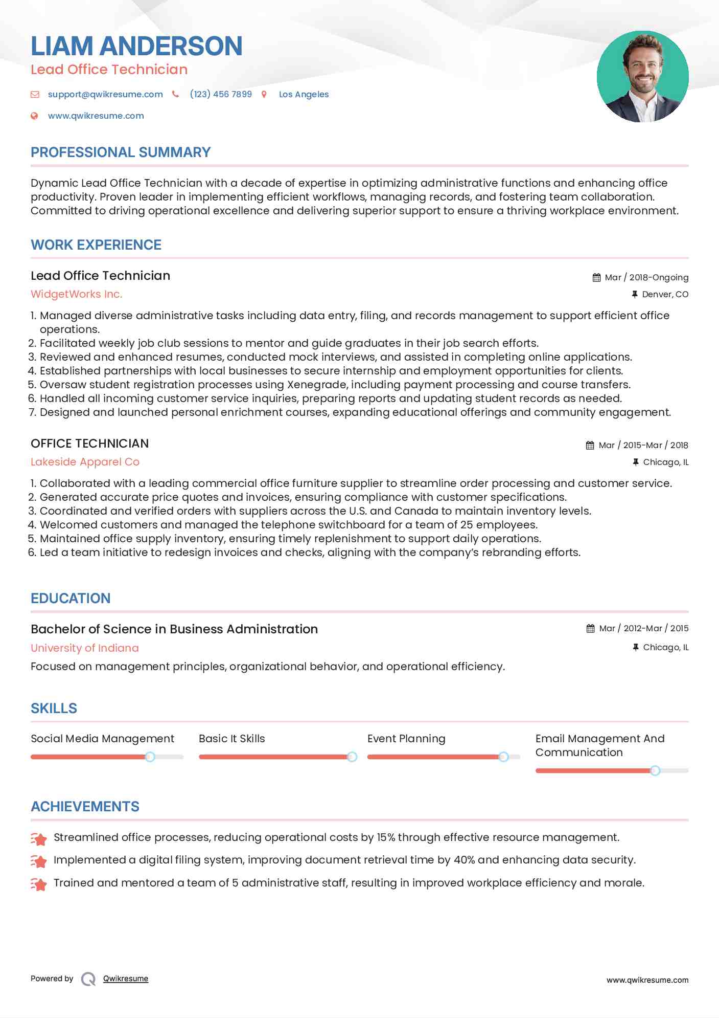 Lead Office Technician Resume Template