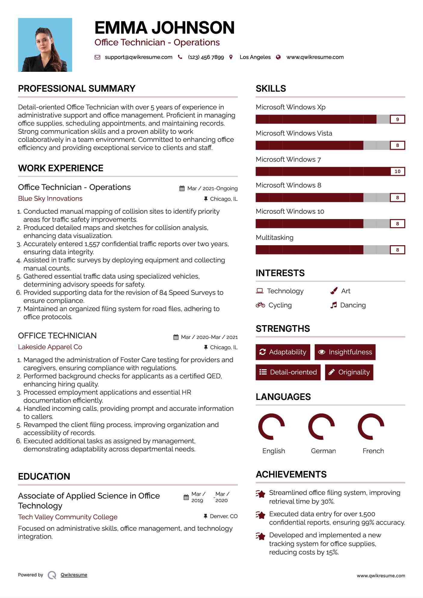 Office Technician - Operations Resume Format