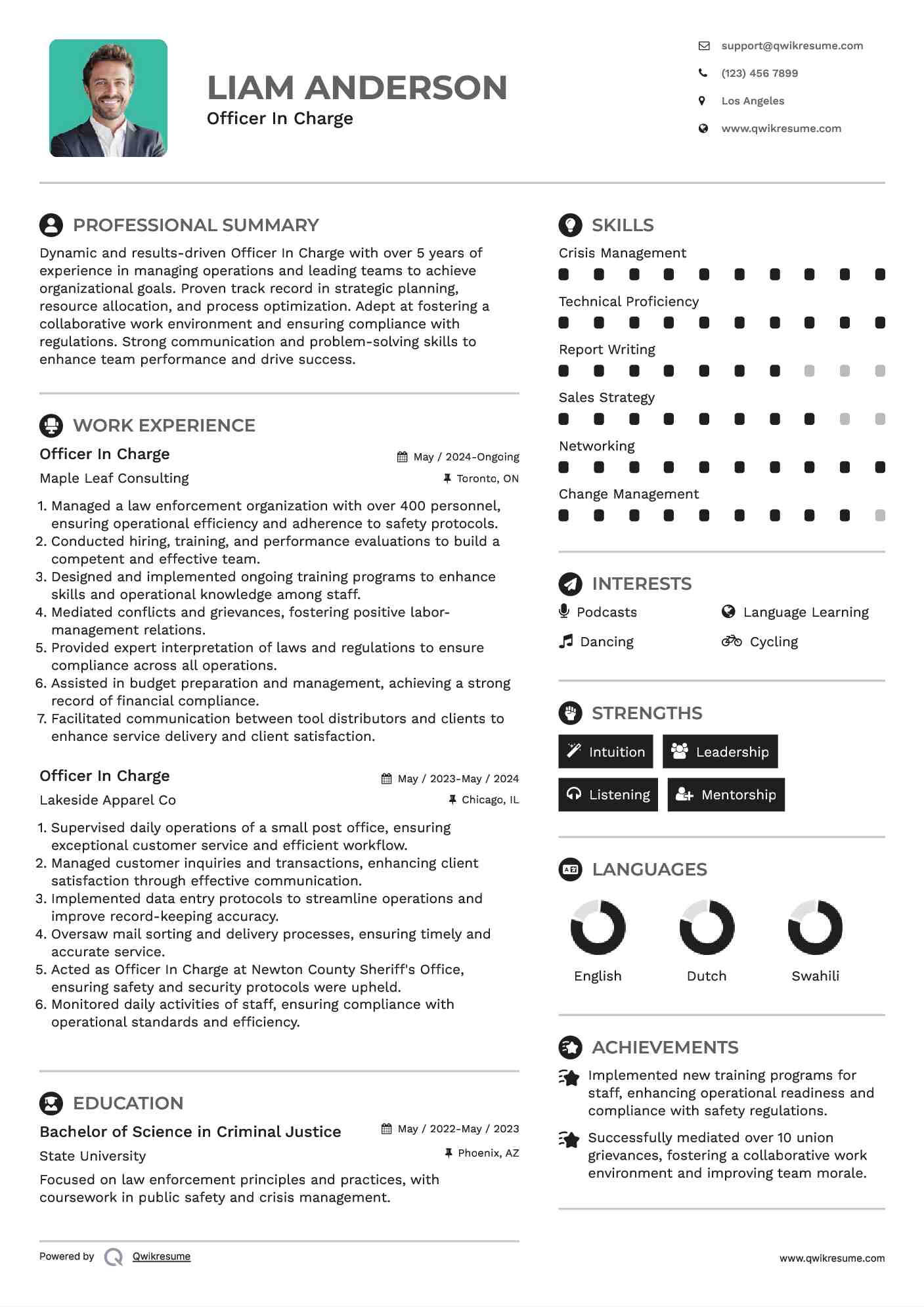 Officer In Charge Resume Model