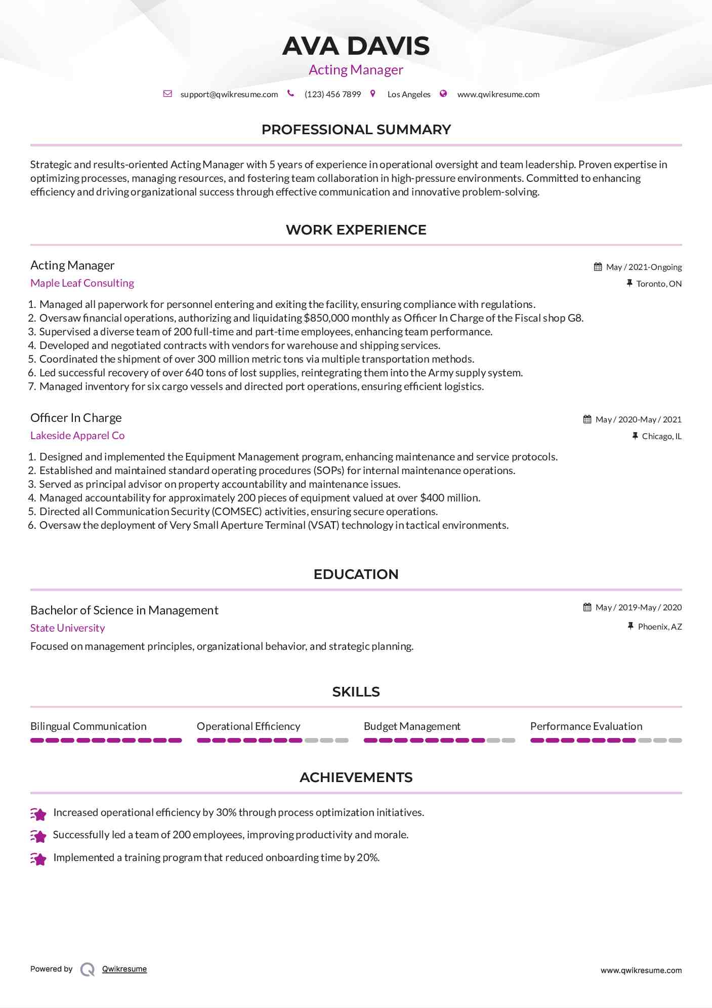 Acting Manager Resume Model