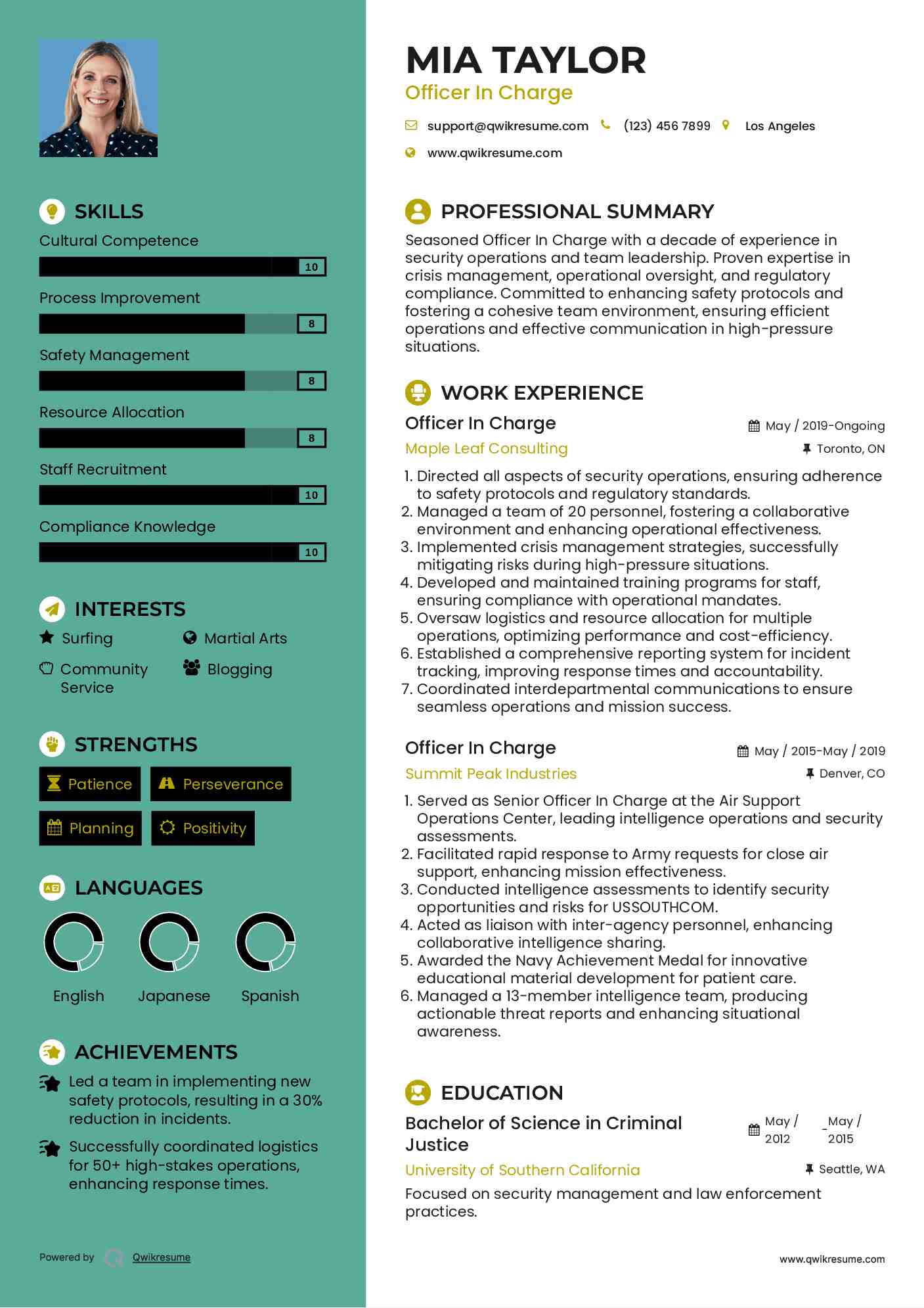Officer In Charge Resume Template