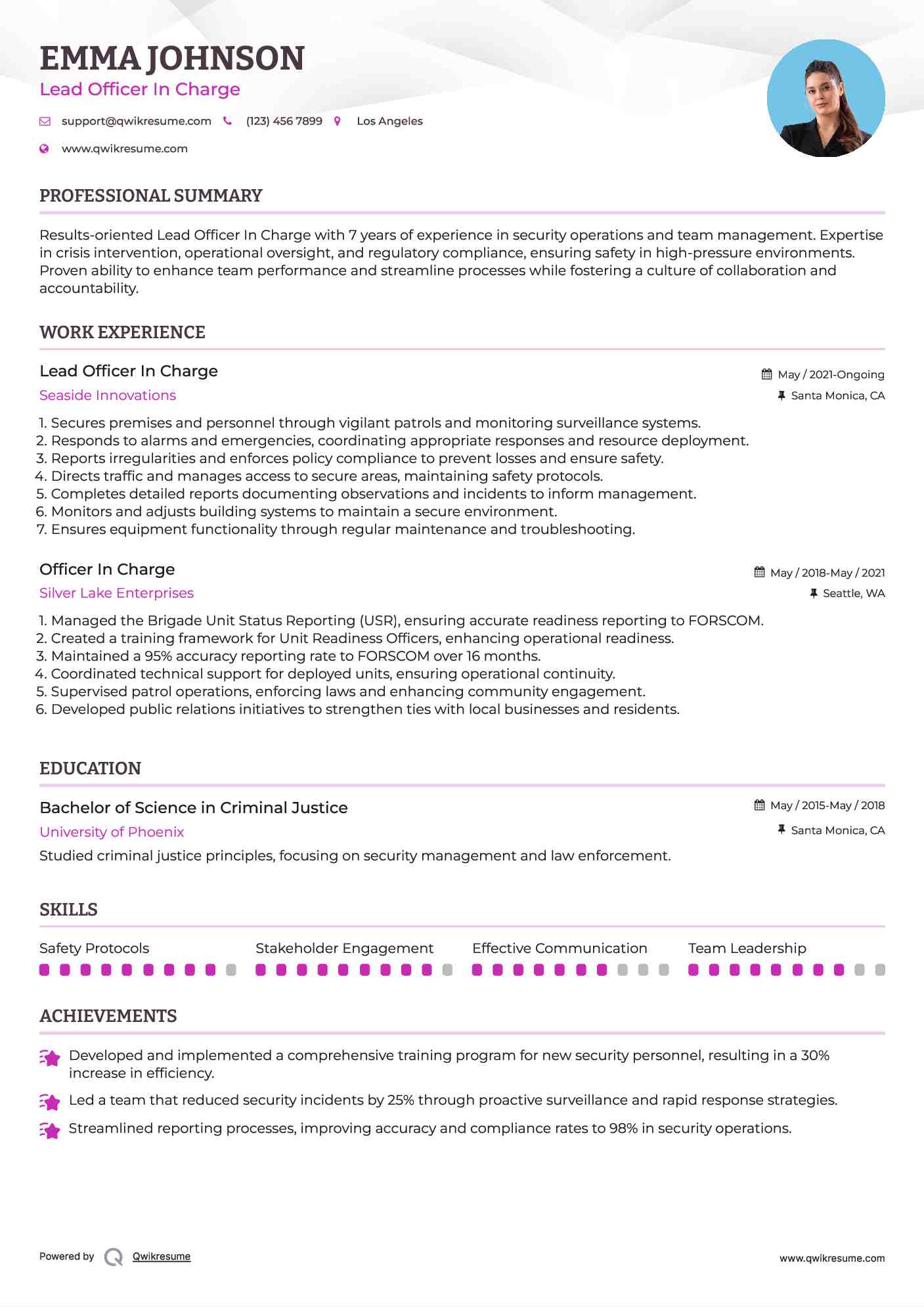 Lead Officer In Charge Resume Format