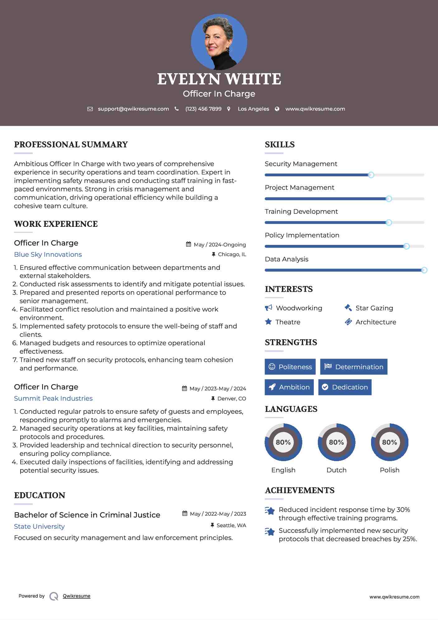 Officer In Charge Resume Example