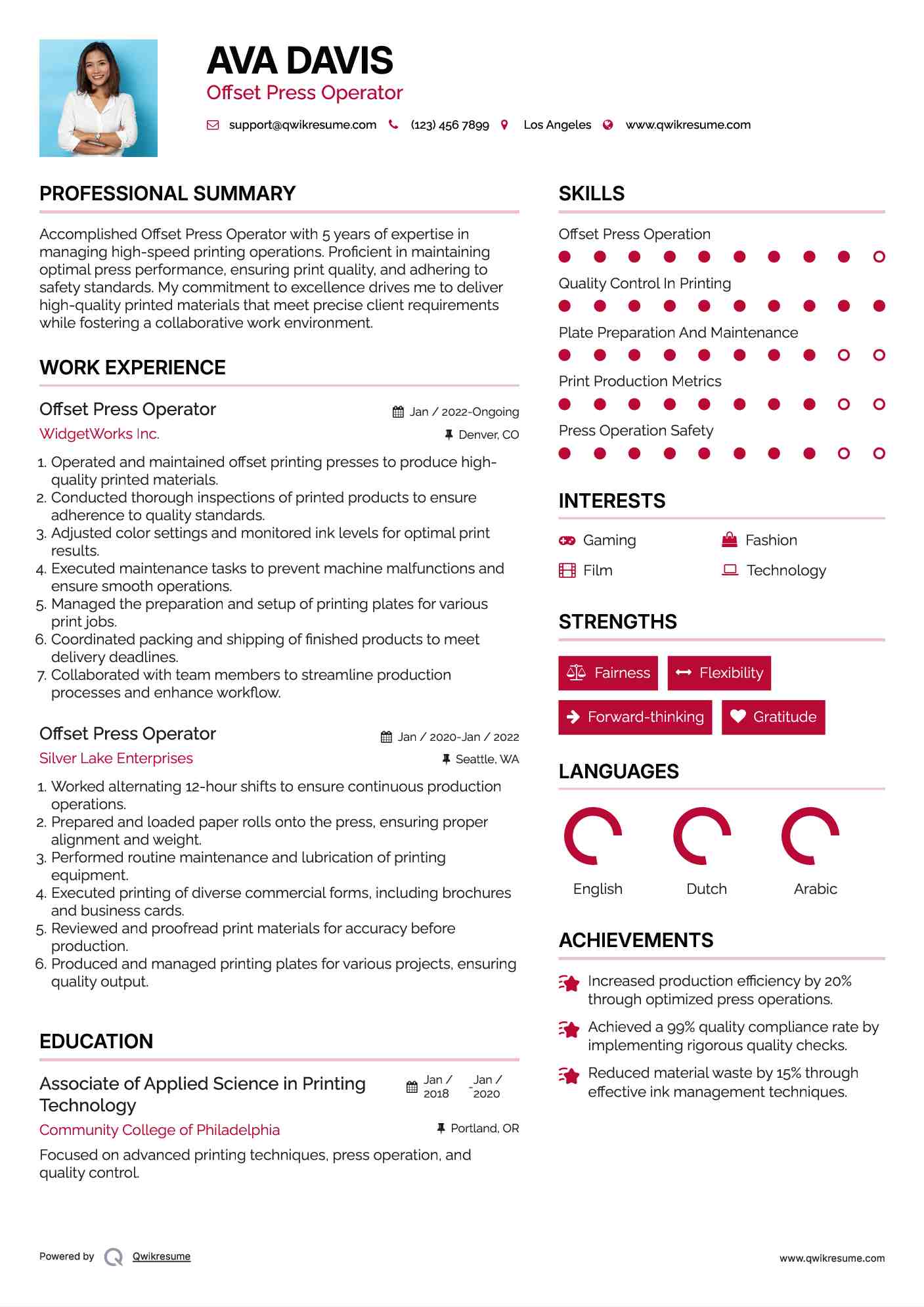 Offset Press Operator Resume Samples QwikResume