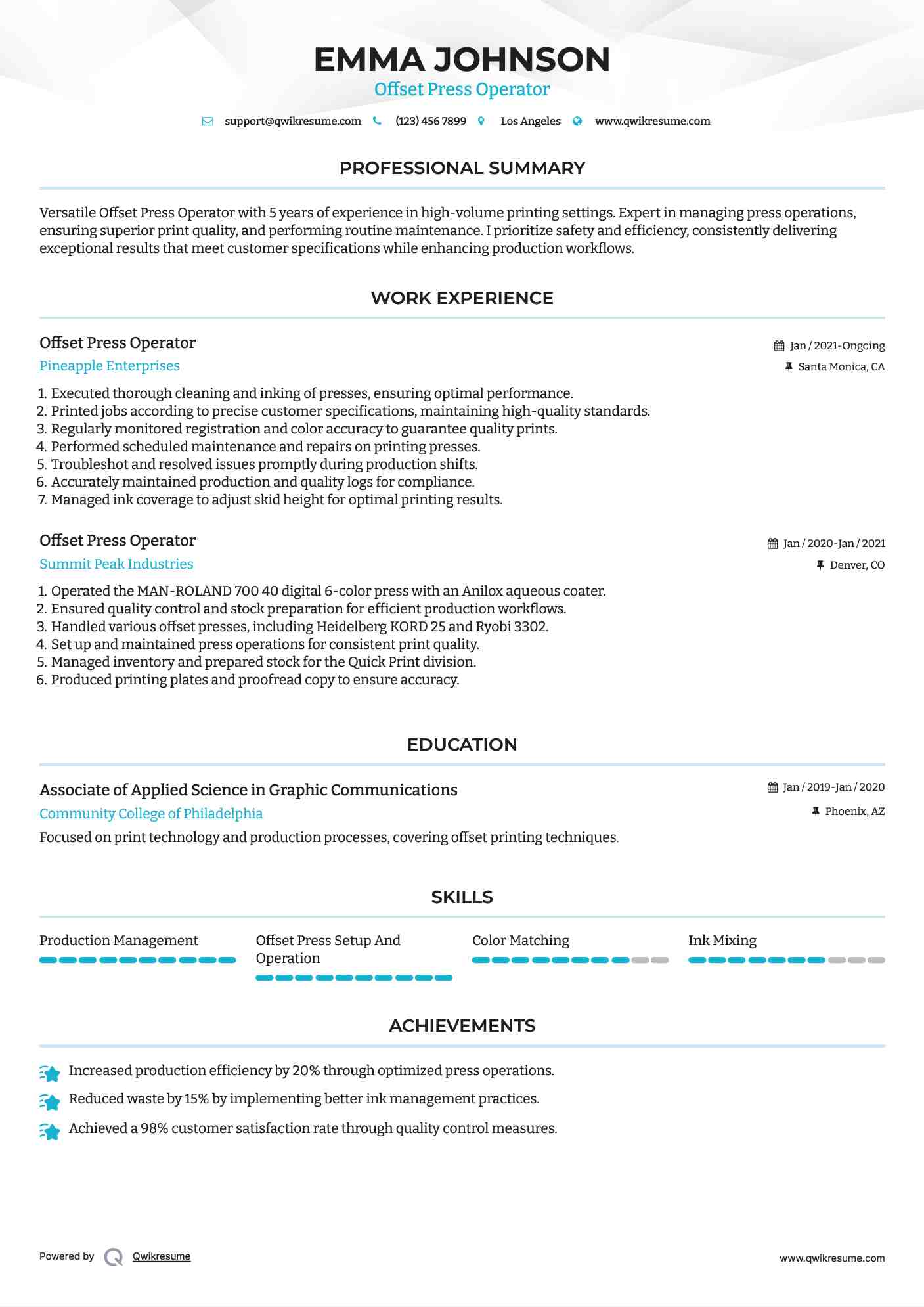 Offset Press Operator Resume Example