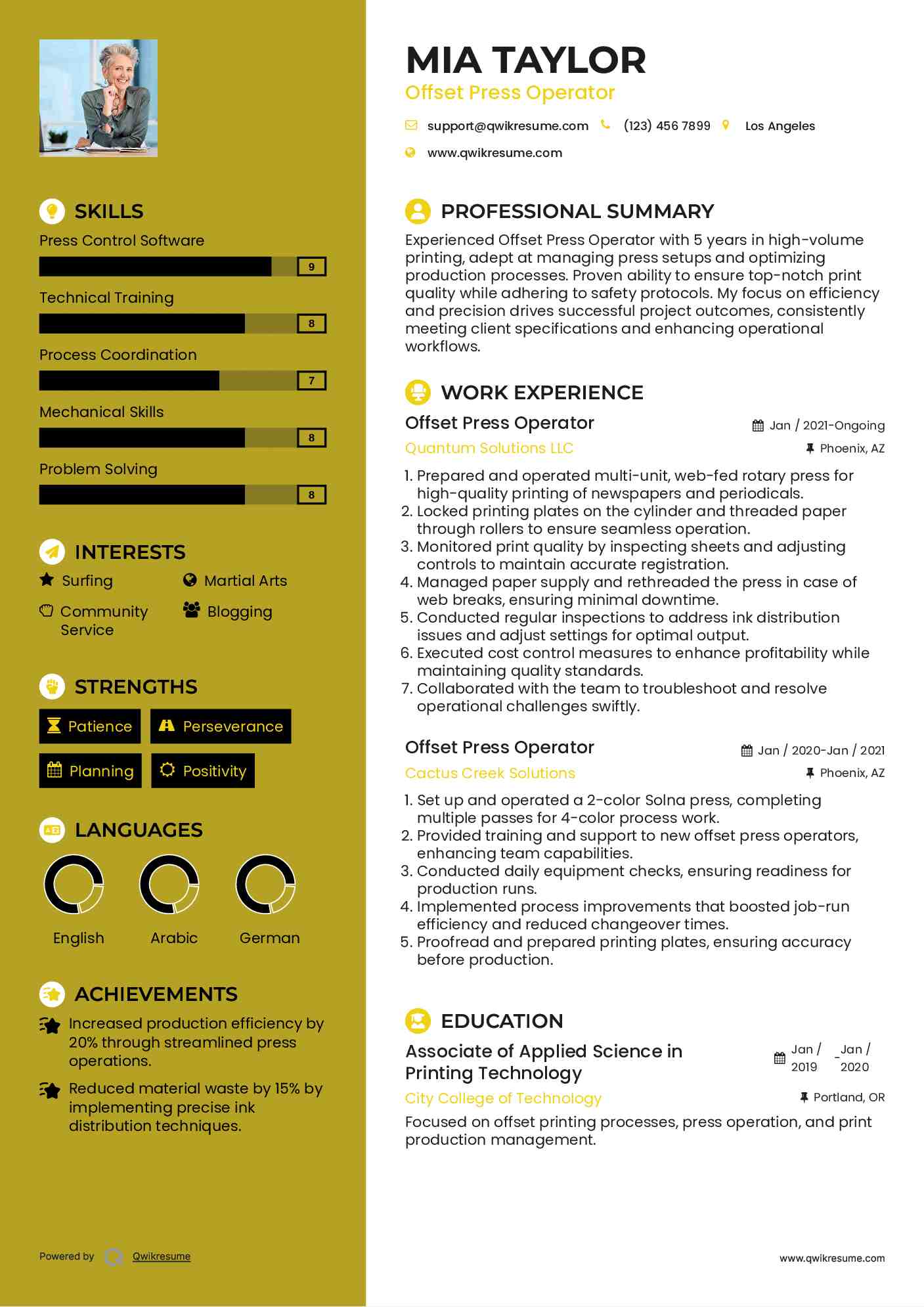 Offset Press Operator Resume Example