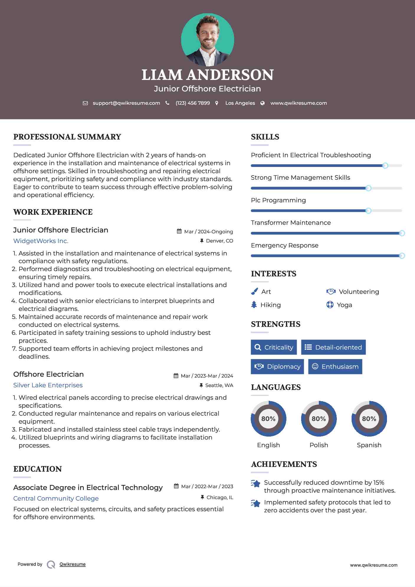 Junior Offshore Electrician Resume Example