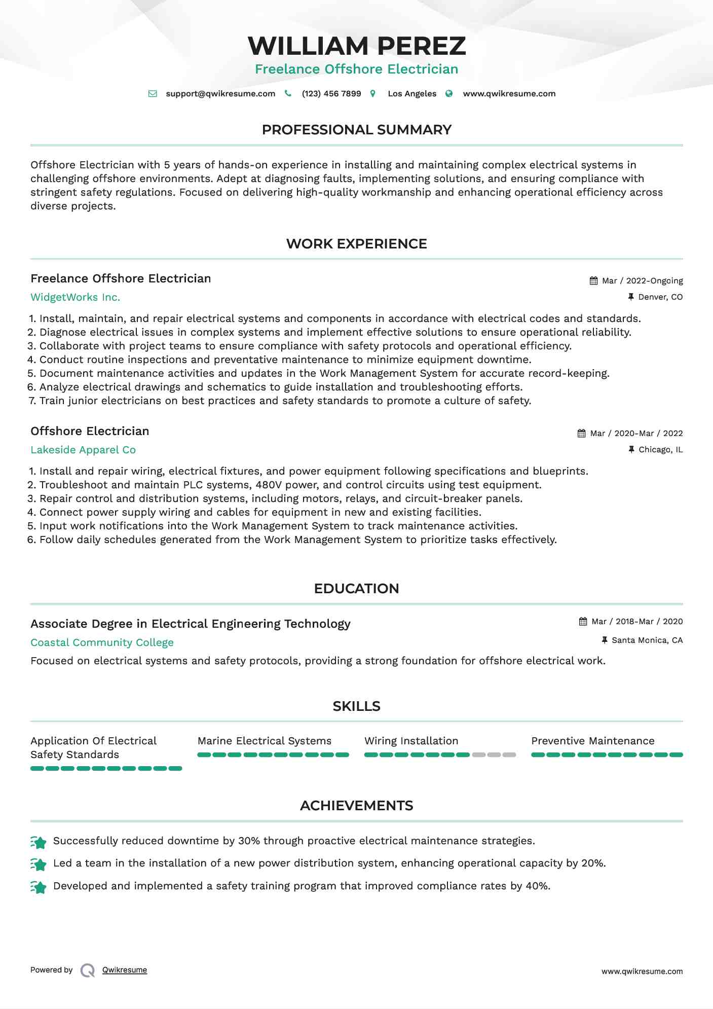 Freelance Offshore Electrician Resume Model