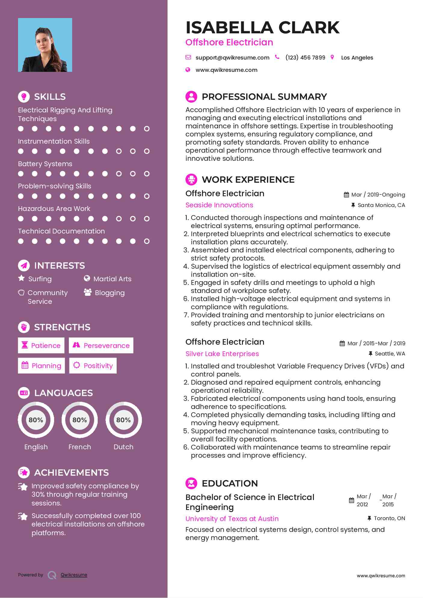 Offshore Electrician Resume Sample