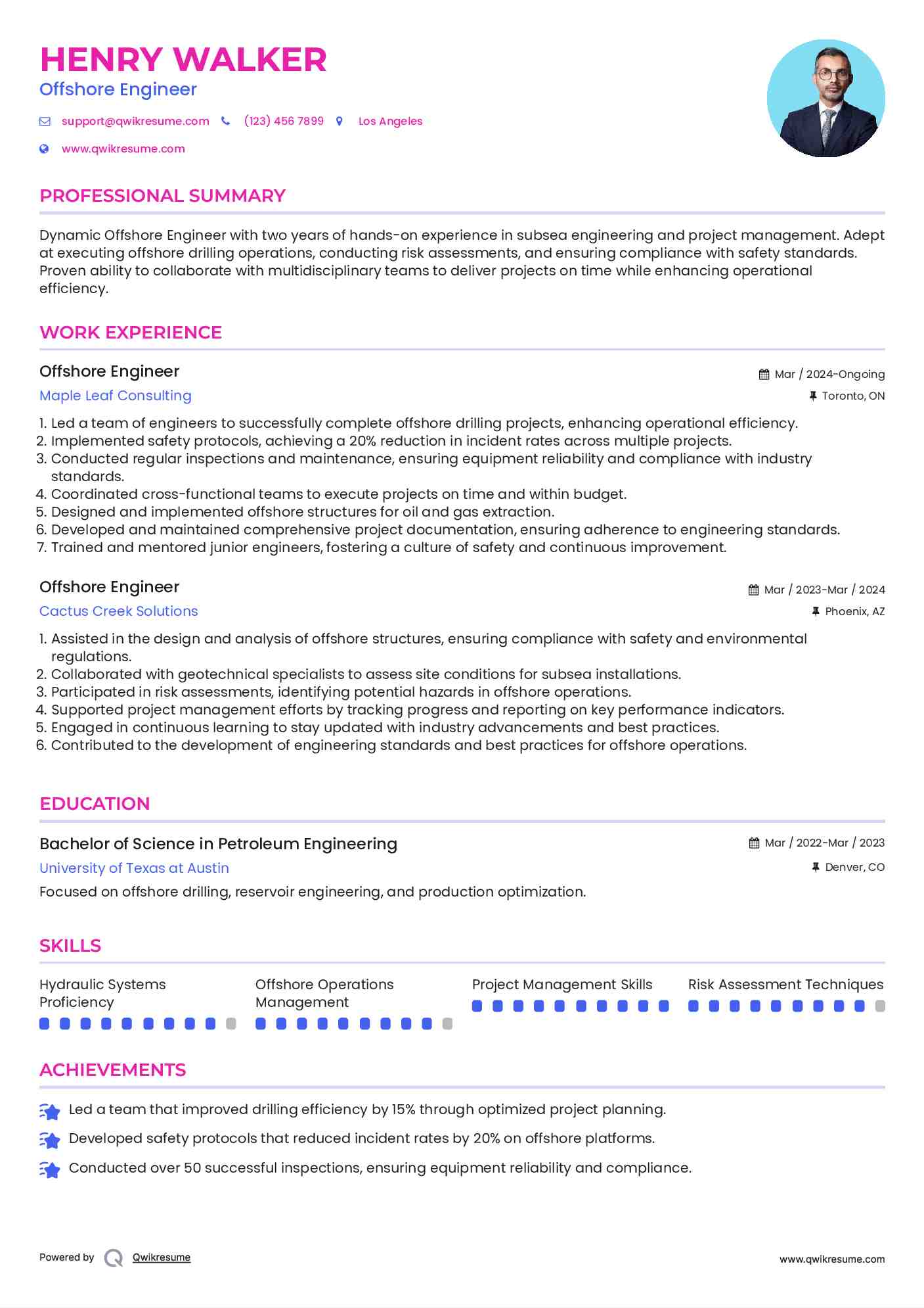 Offshore Engineer Resume Sample