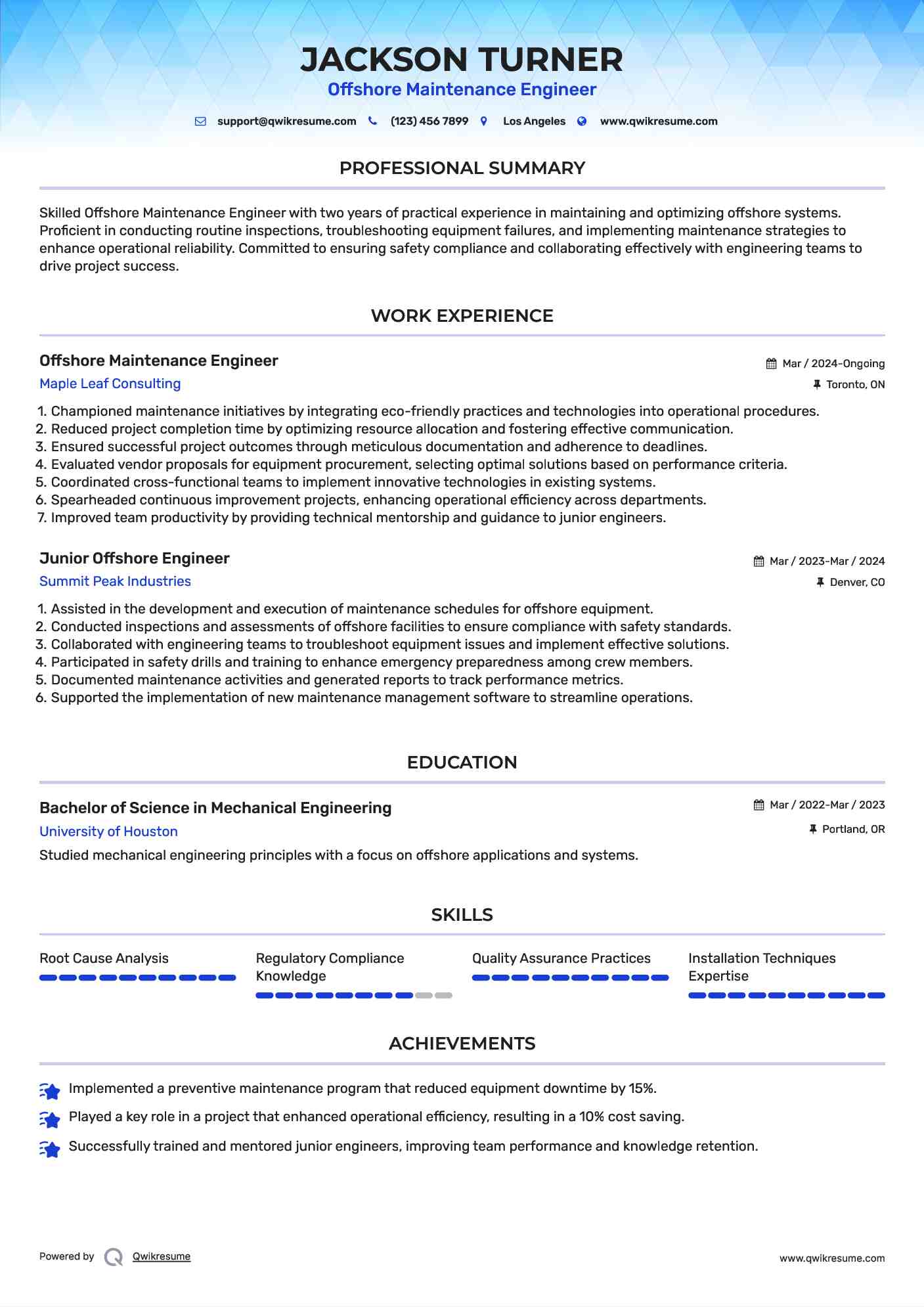 Offshore Maintenance Engineer Resume Format
