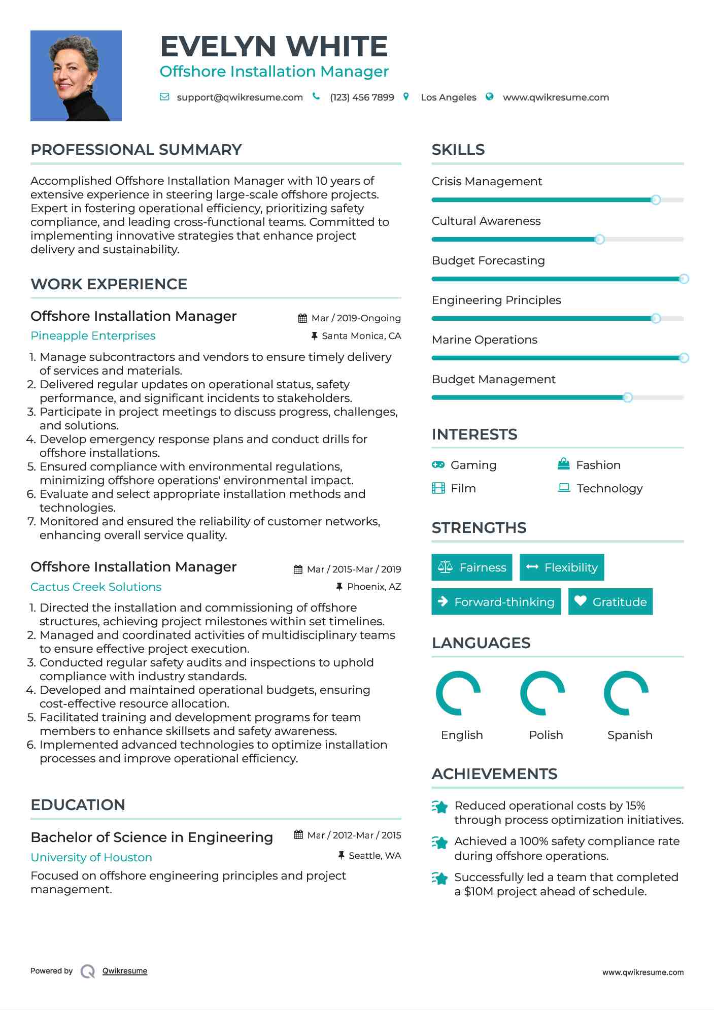 Offshore Installation Manager Resume Sample