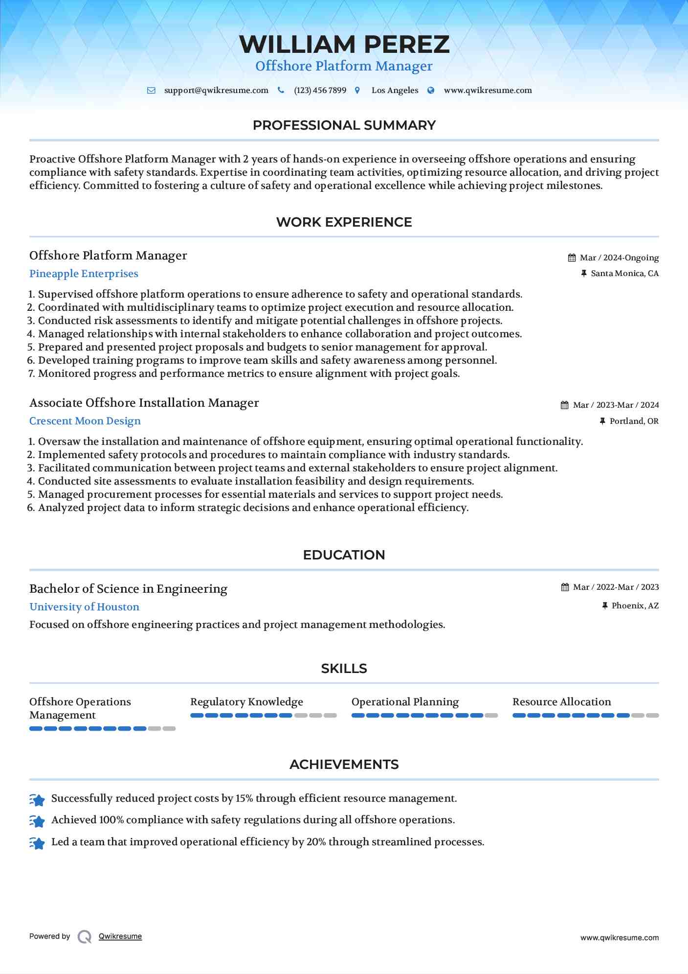 Offshore Platform Manager Resume Example