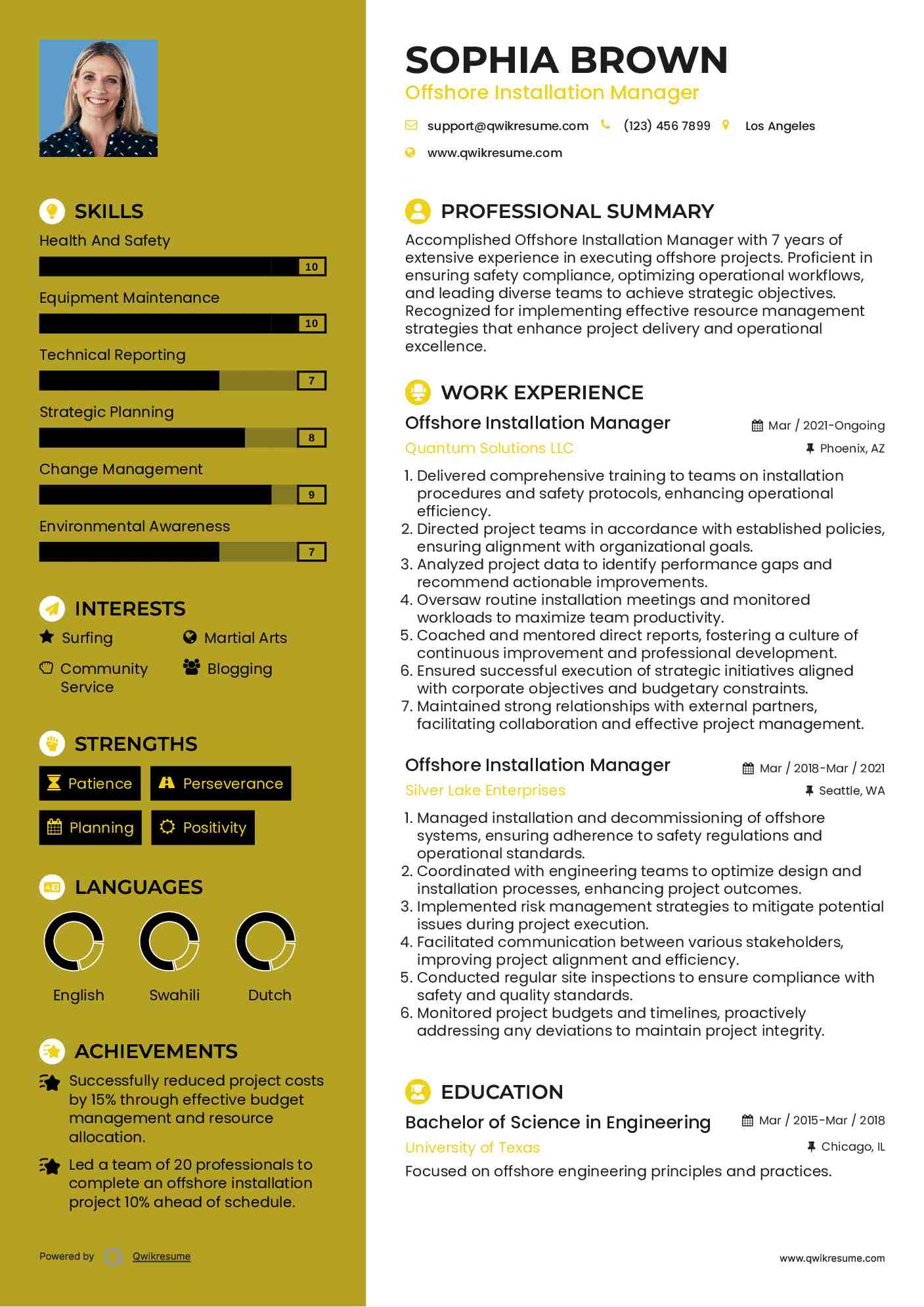 Offshore Installation Manager Resume Example