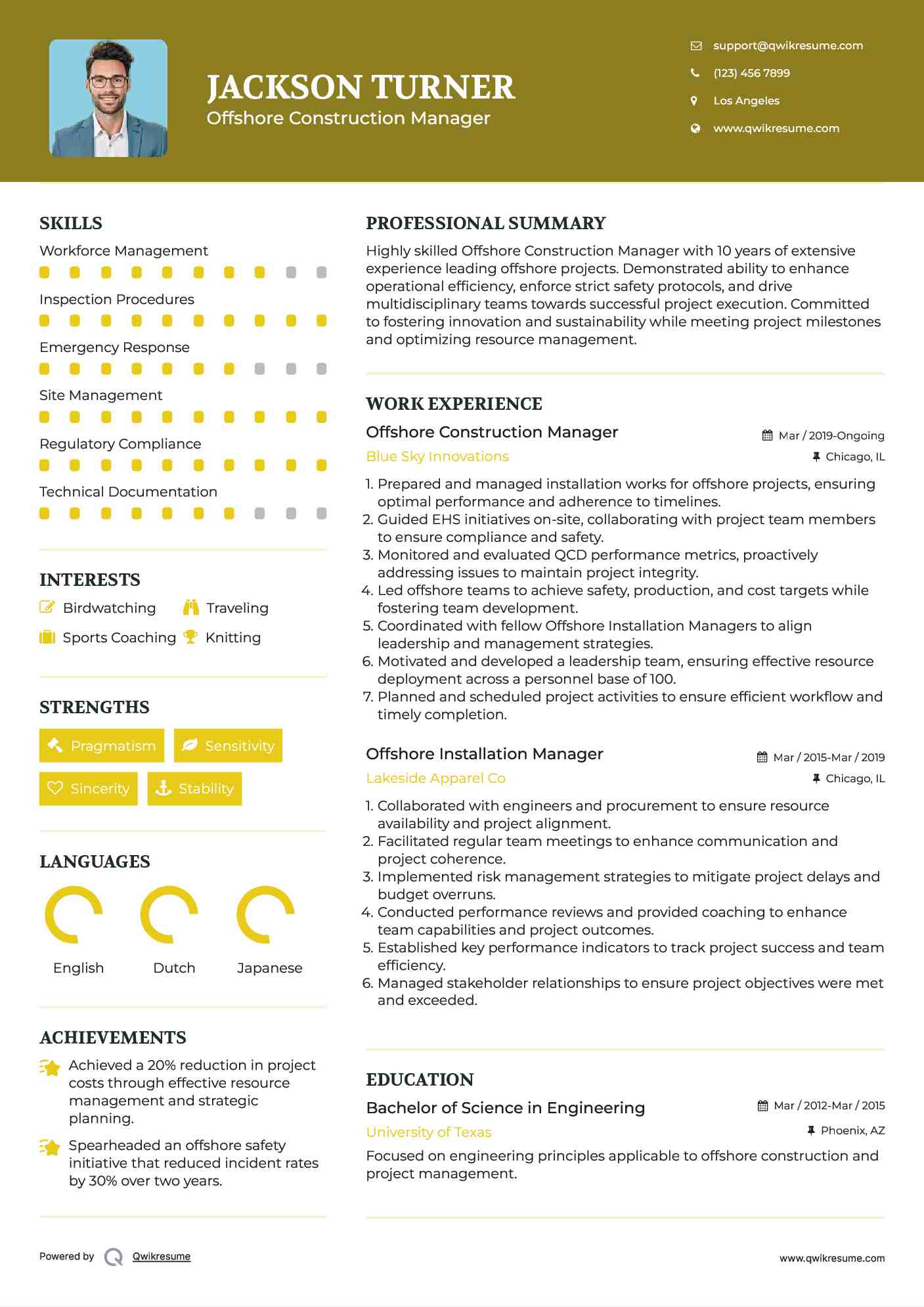 Offshore Construction Manager Resume Sample