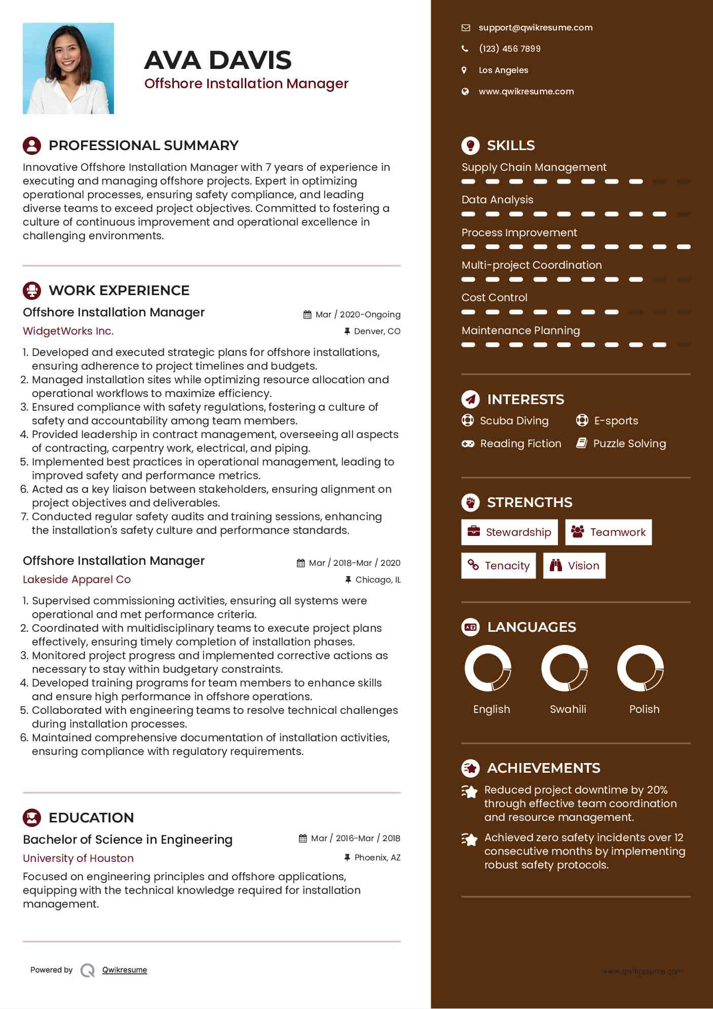 Offshore Installation Manager Resume Sample