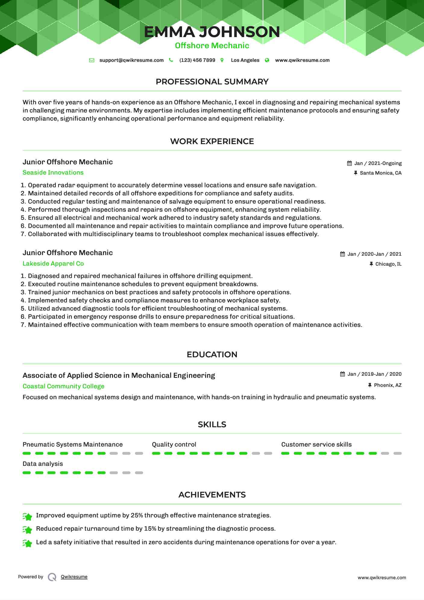 Junior Offshore Mechanic Resume Model
