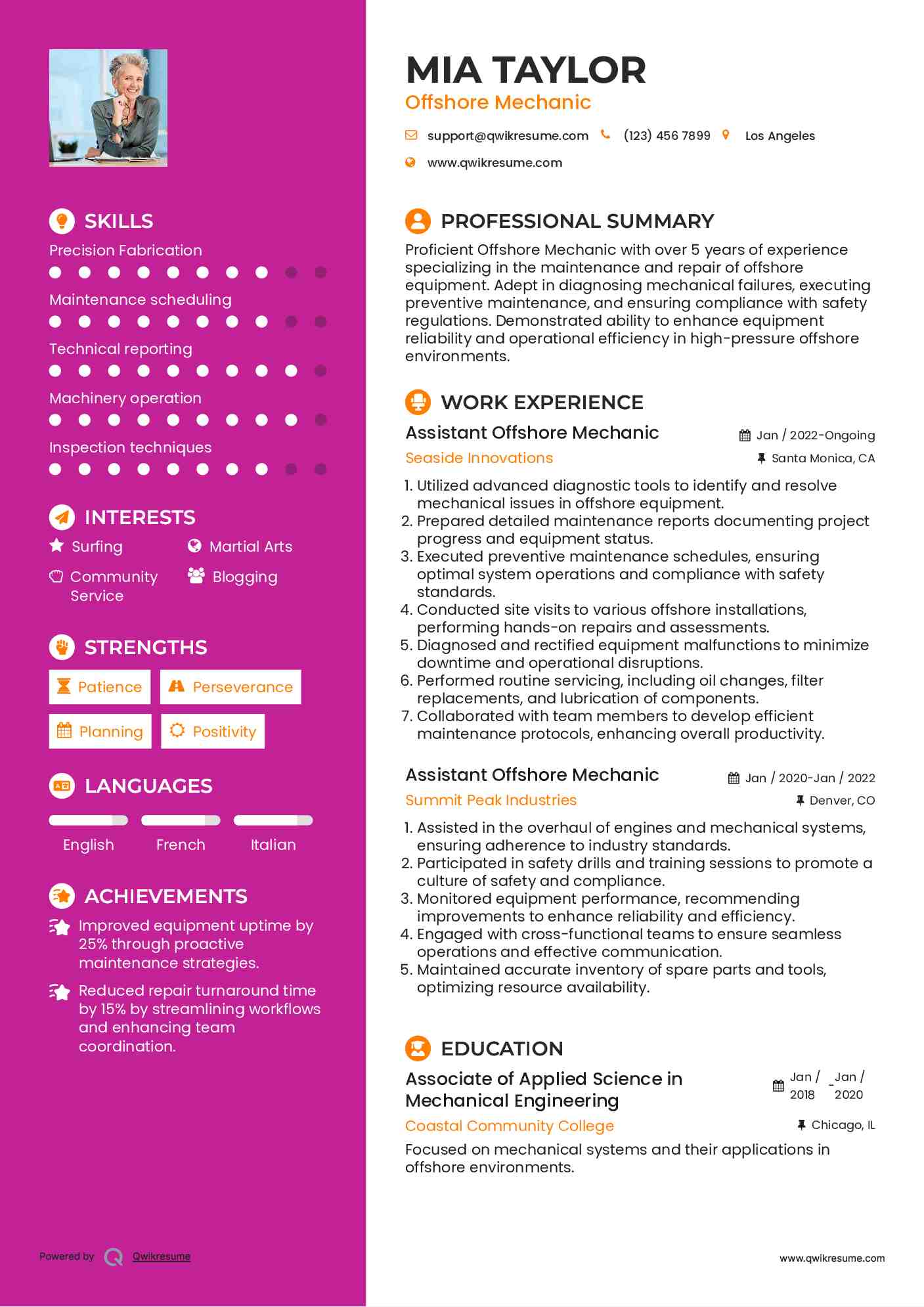 Assistant Offshore Mechanic Resume Model