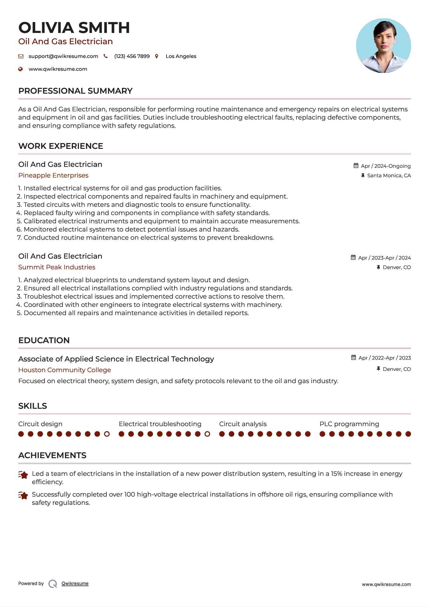 Oil And Gas Electrician Resume Format