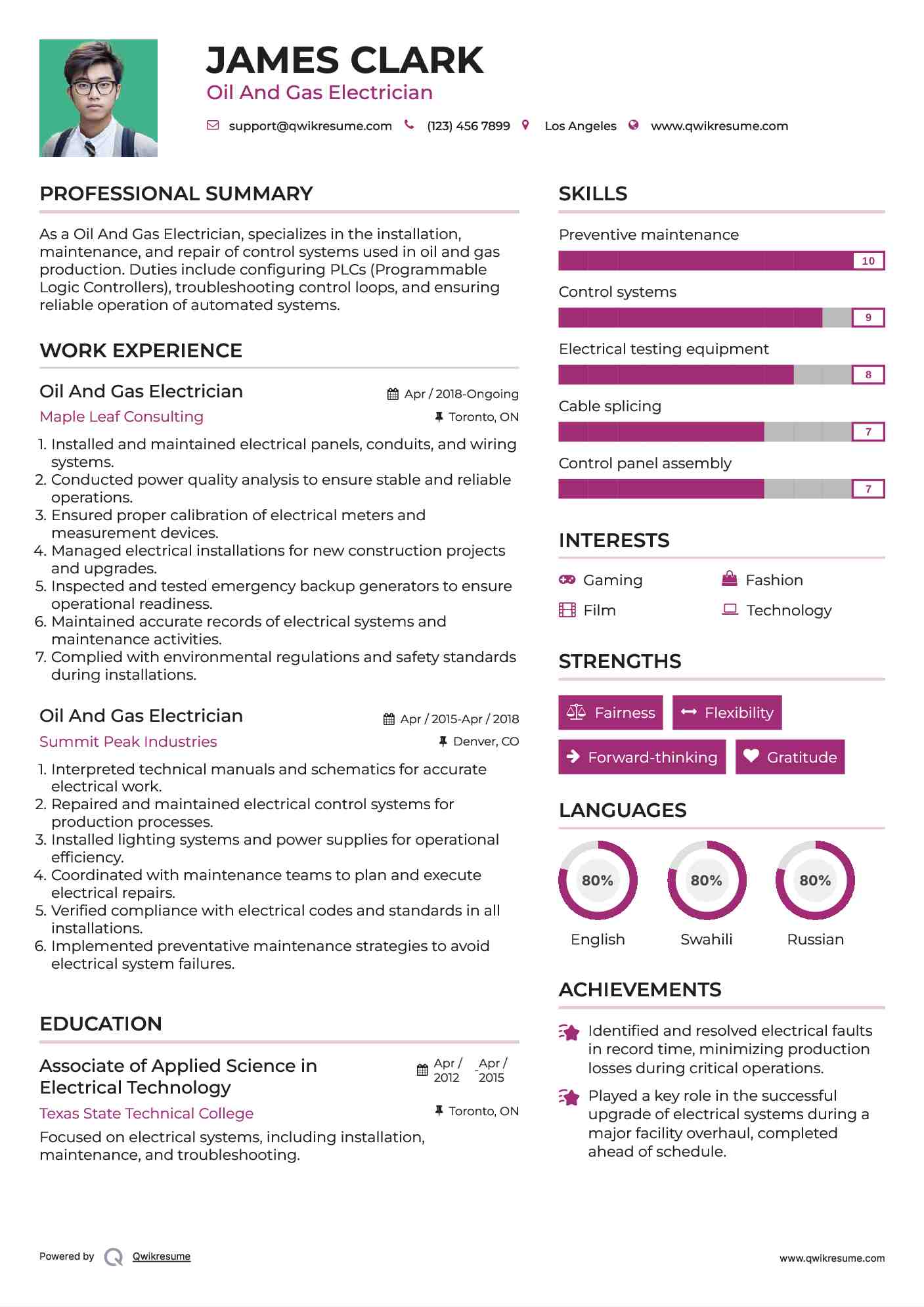 Oil And Gas Electrician Resume Example