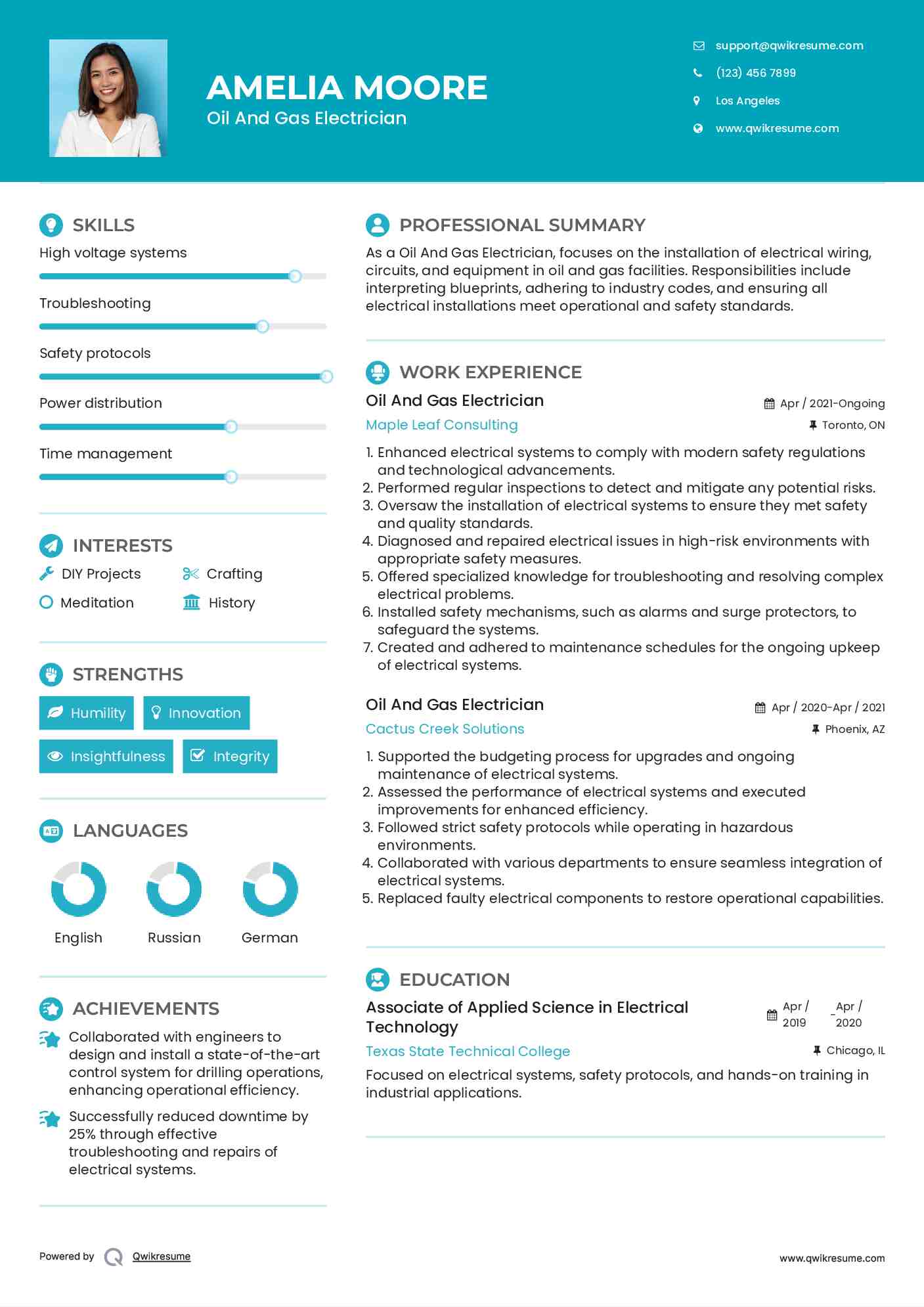 Oil And Gas Electrician Resume Model