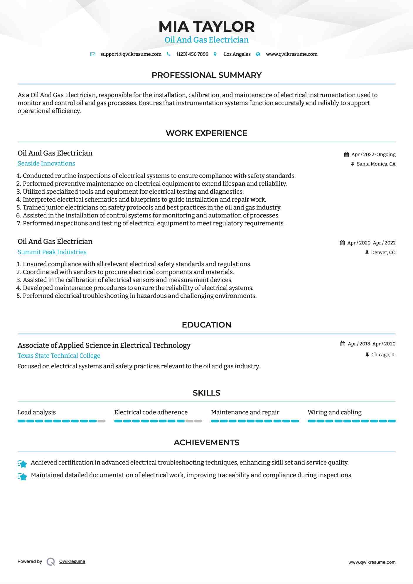 Oil And Gas Electrician Resume Model