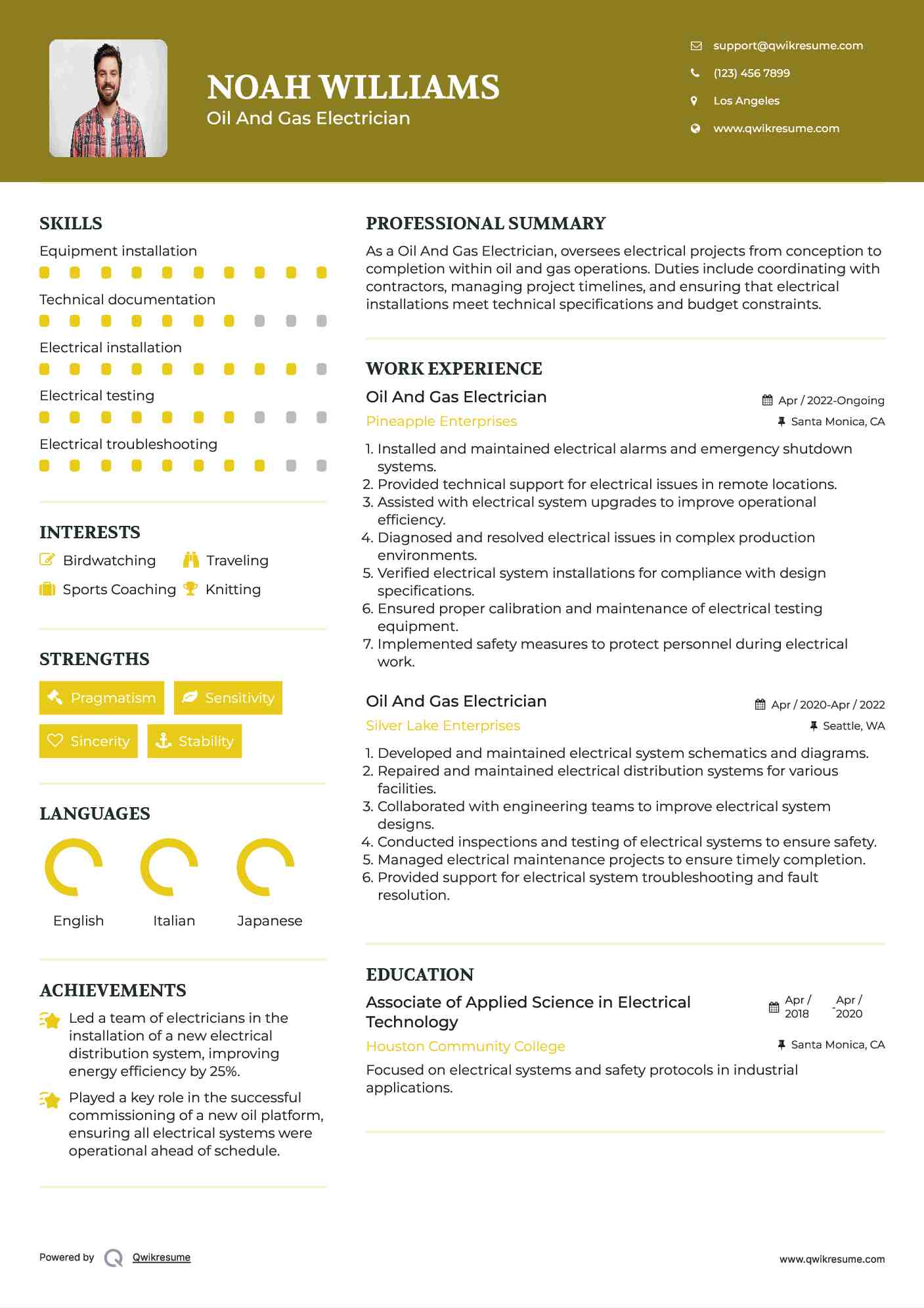 Oil And Gas Electrician Resume Template