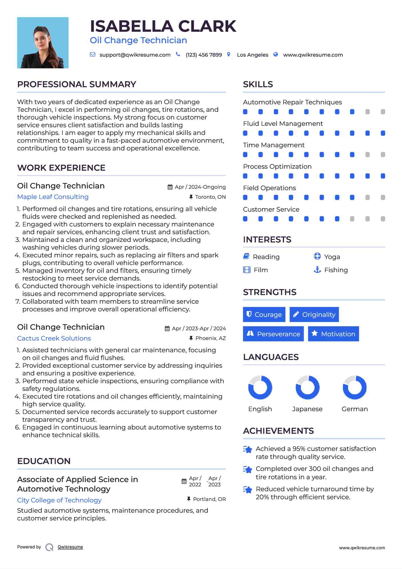 Oil Change Technician Resume Samples QwikResume