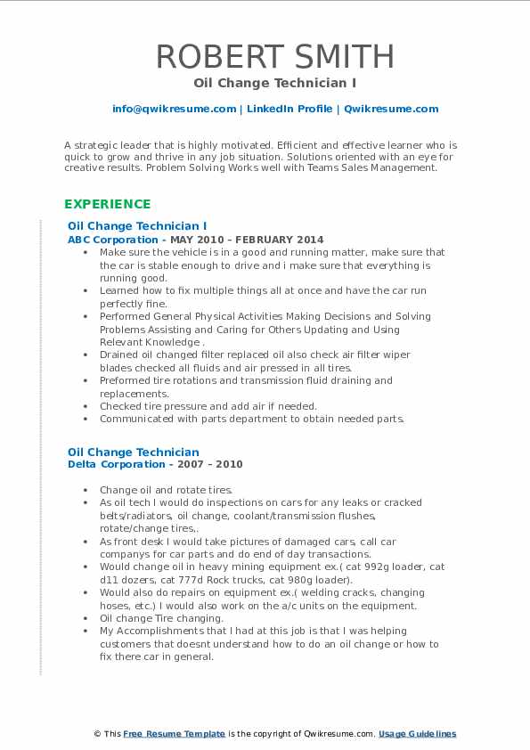 Oil Change Technician Resume Samples QwikResume