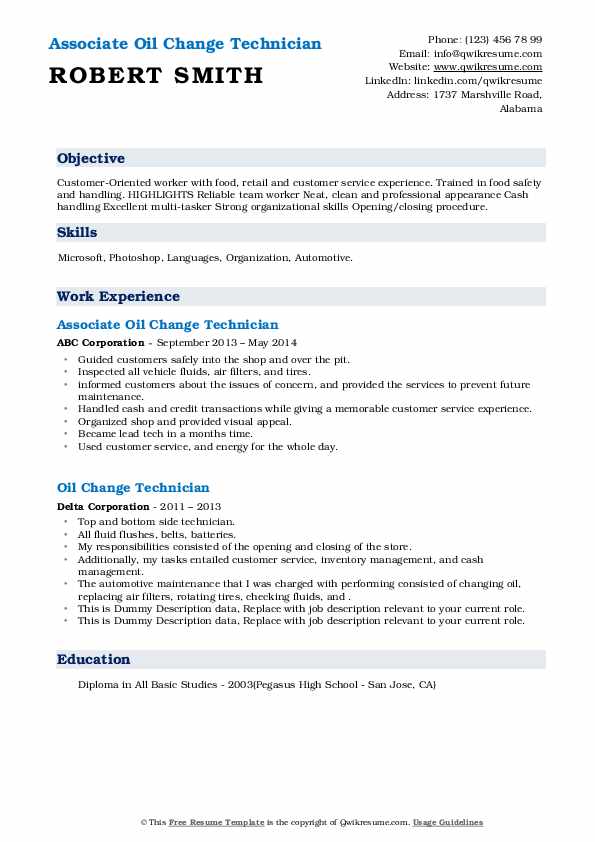 Oil Change Technician Resume Samples QwikResume