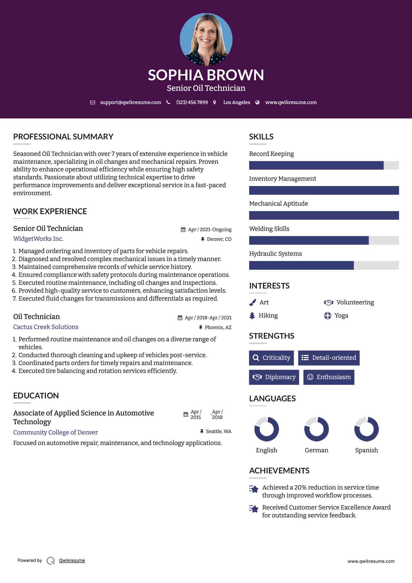 Oil Technician Resume Samples QwikResume