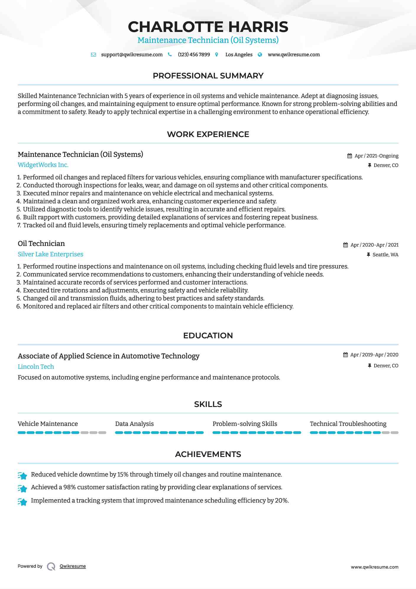 Oil Technician Resume Samples QwikResume