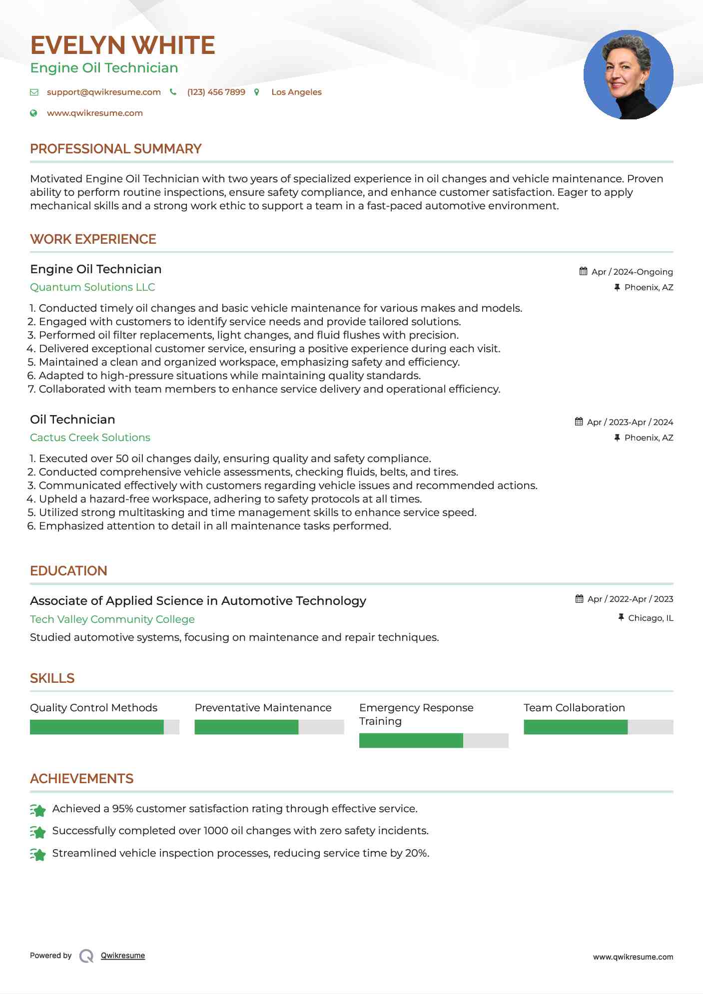 Oil Technician Resume Samples QwikResume