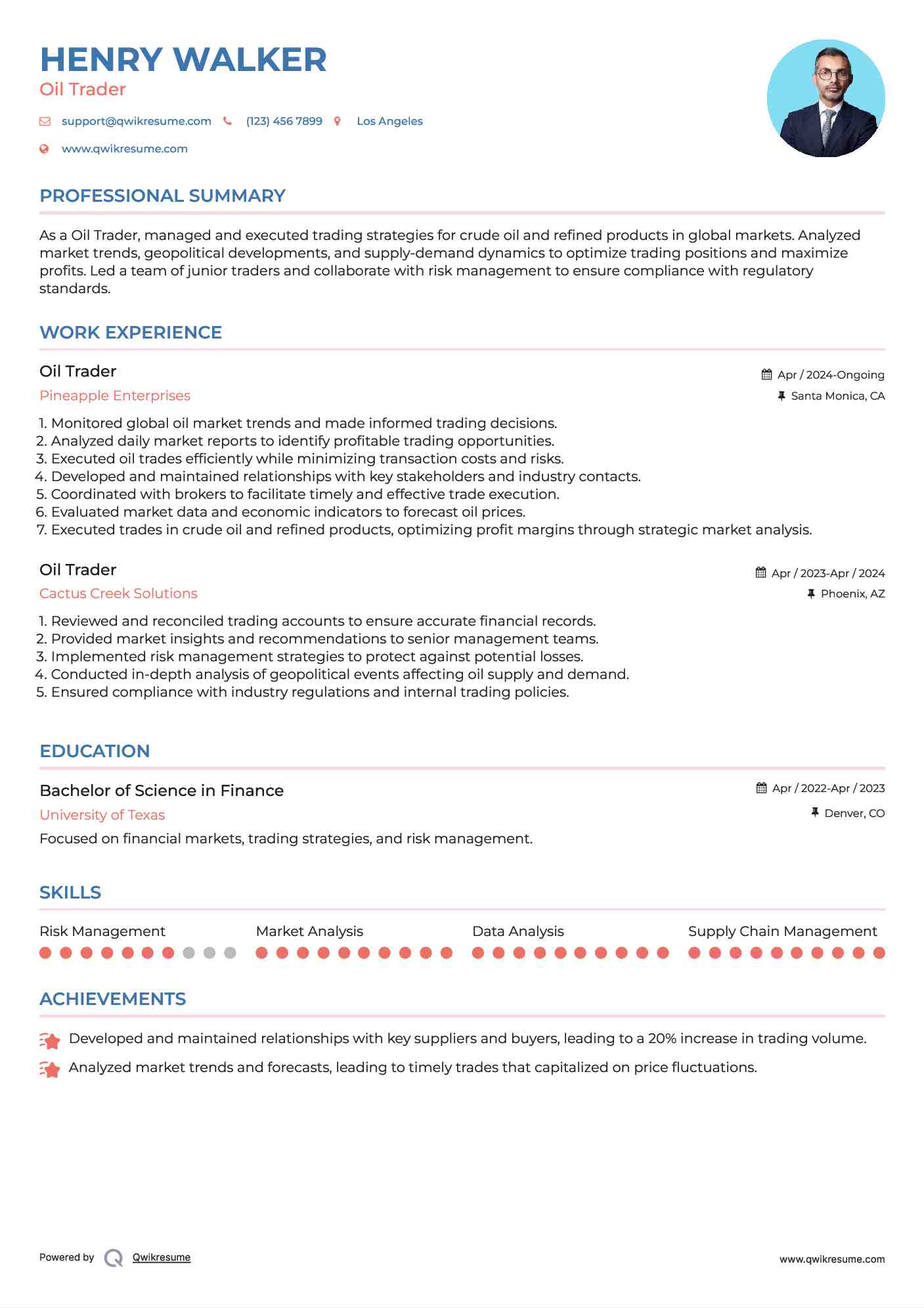 Oil Trader Resume Model