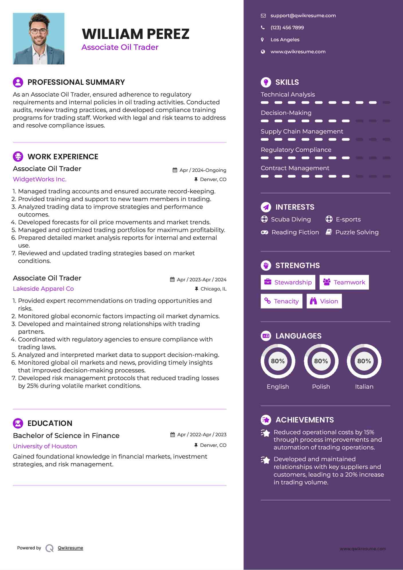 Associate Oil Trader Resume Model