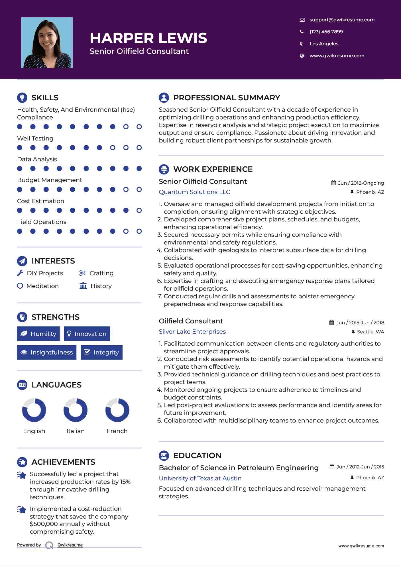 Senior Oilfield Consultant Resume Sample